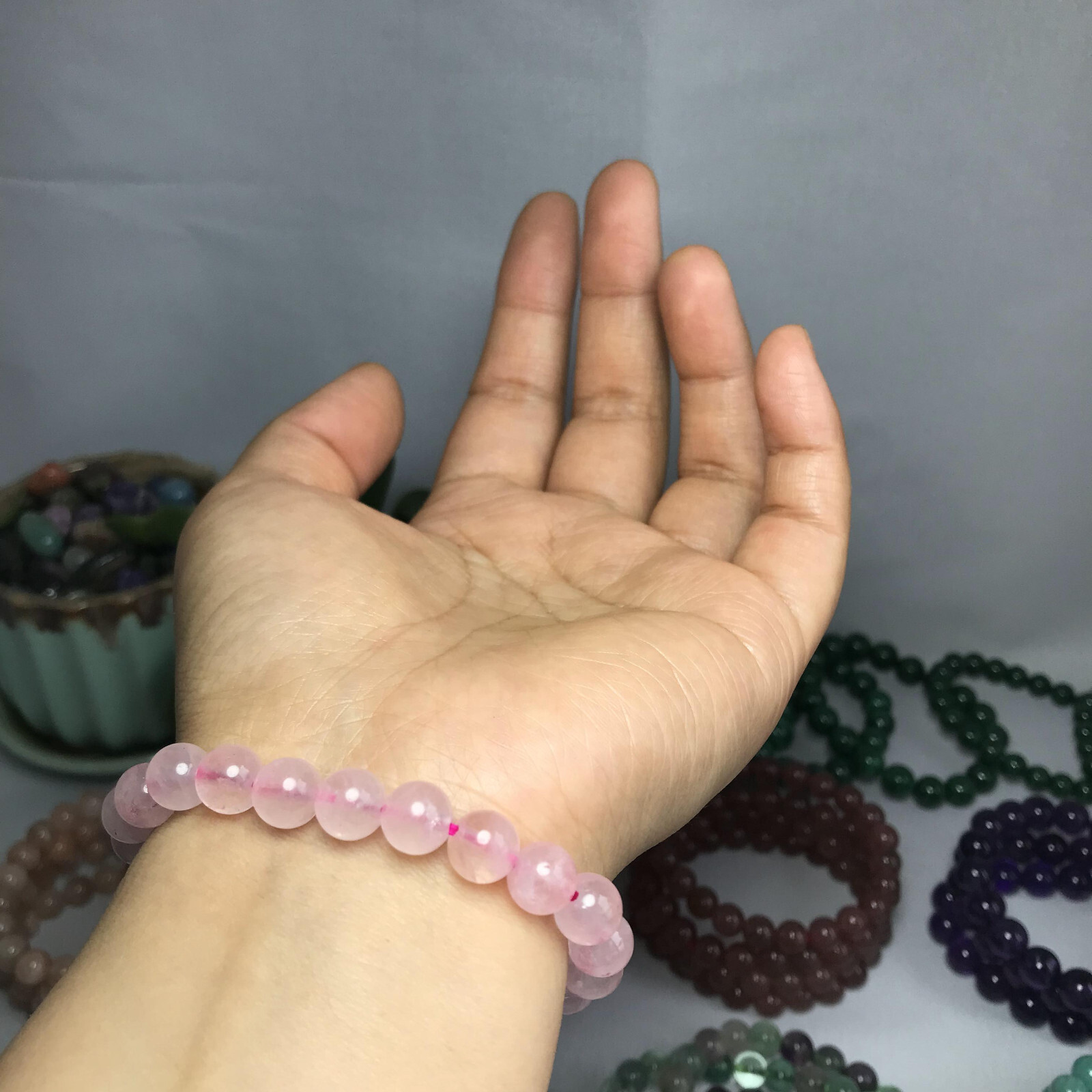 8mm-9mm Top Natural pink crystal gemstone Crystal chain beads bracelet 19g A5268
