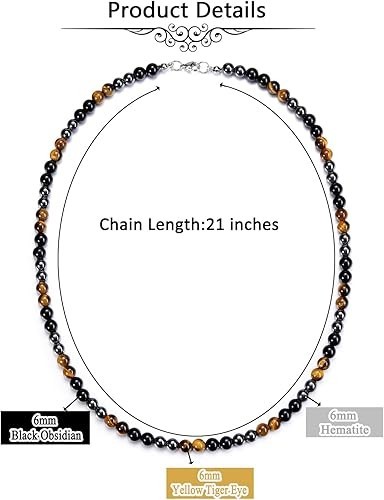 Mens Healing Crystal Black Obsidian Tigers Eye Hematite Beaded Necklace Natural