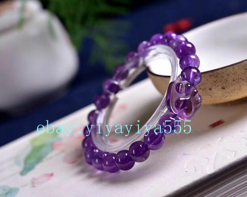 Natural Purple Amethyst Quartz Crystal Beads Bracelet With Carved Cat Paw Claw