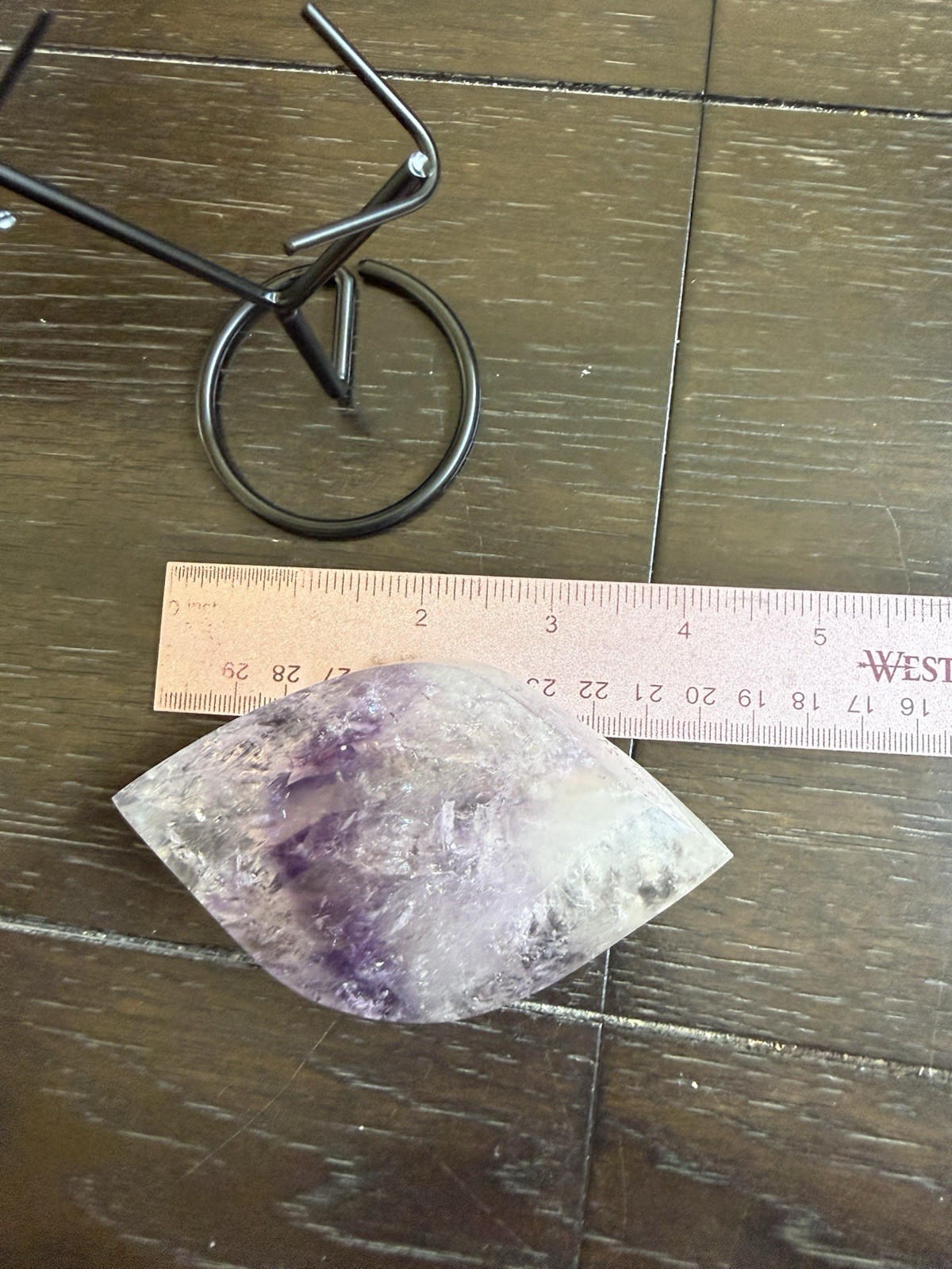 6 1/2in. High Grade Quality Phantom Amethyst Quartz Flame Drop Crystal On Stand