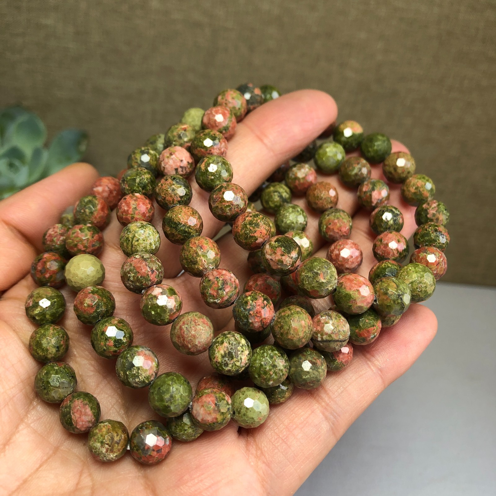 5PcsWholesal Natural Unakite Agate Stone bracelets Crystal ball sphere facet 8mm