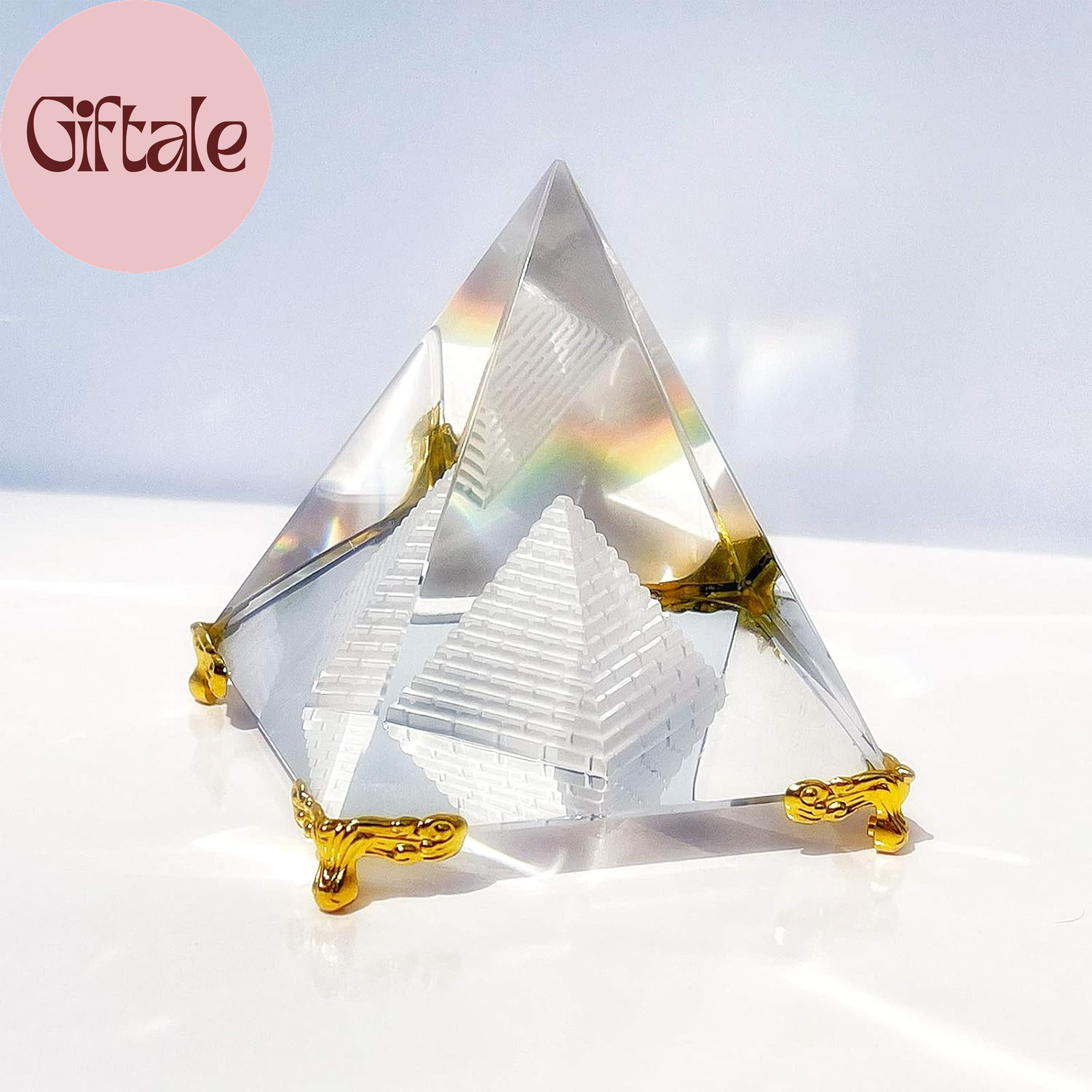 Crystal Pyramid Prism, Feng Shui Crafts Meditation Crystal with Gold Stand for H