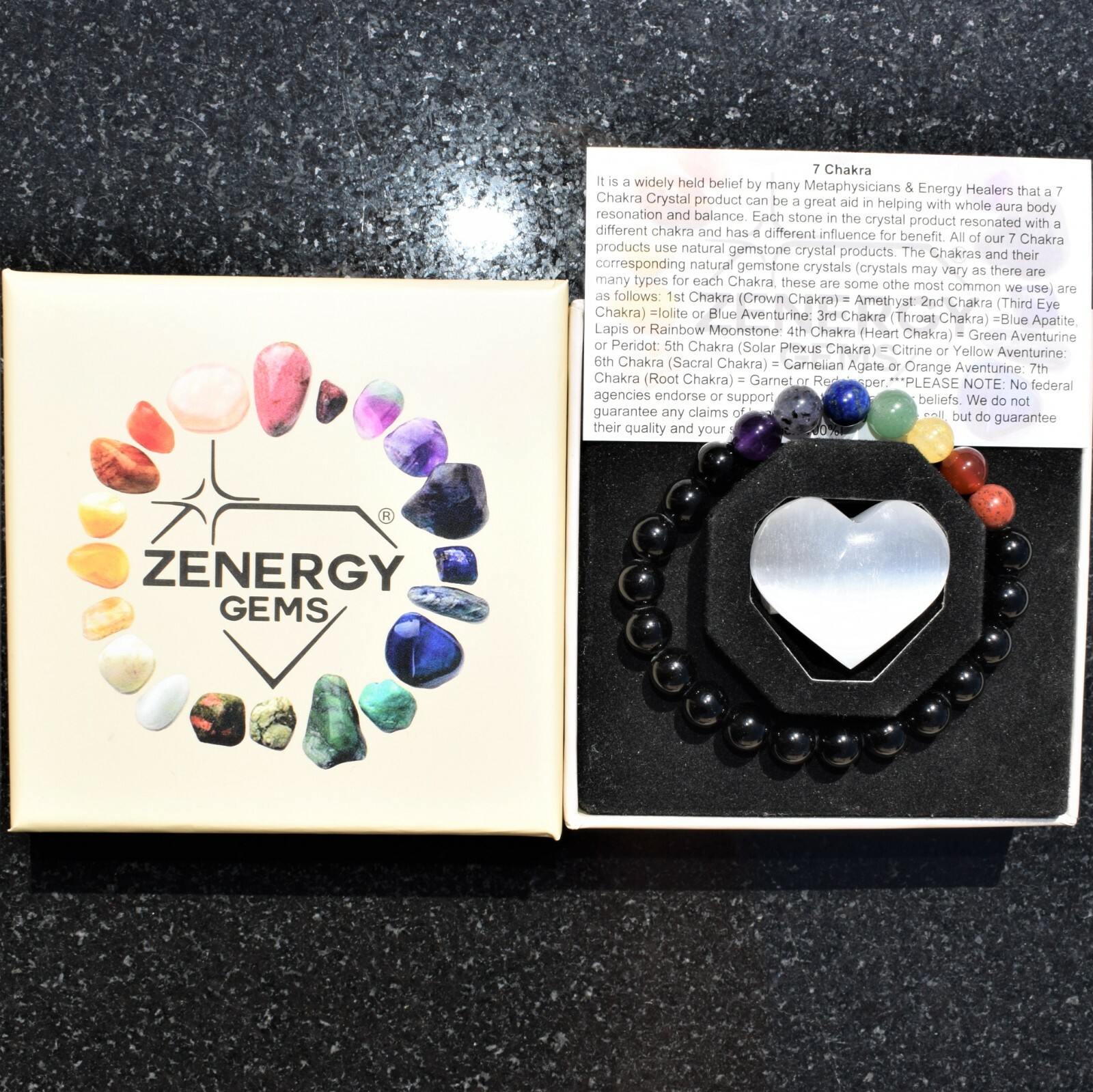 CHARGED Black Tourmaline & 7 Chakra Crystals Stretchy Bracelet + Selenite Heart