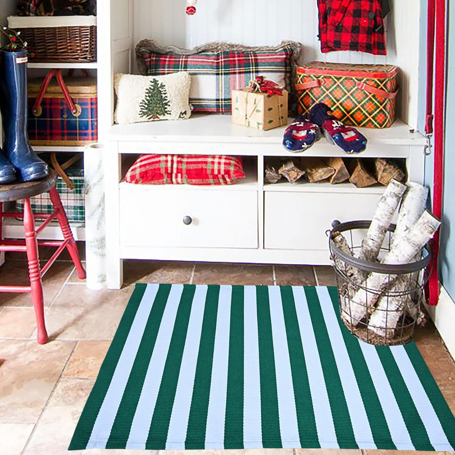 Green & White Striped Rug, 2’4″ X 3’7″ Indoor/Outdoor Area Rug for Front Porch,