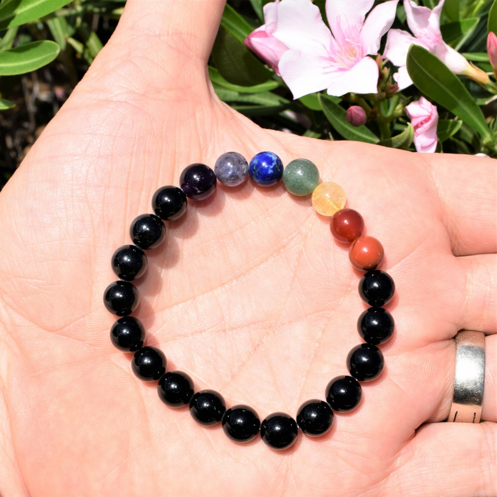 CHARGED Black Tourmaline & 7 Chakra Crystals Stretchy Bracelet + Selenite Heart