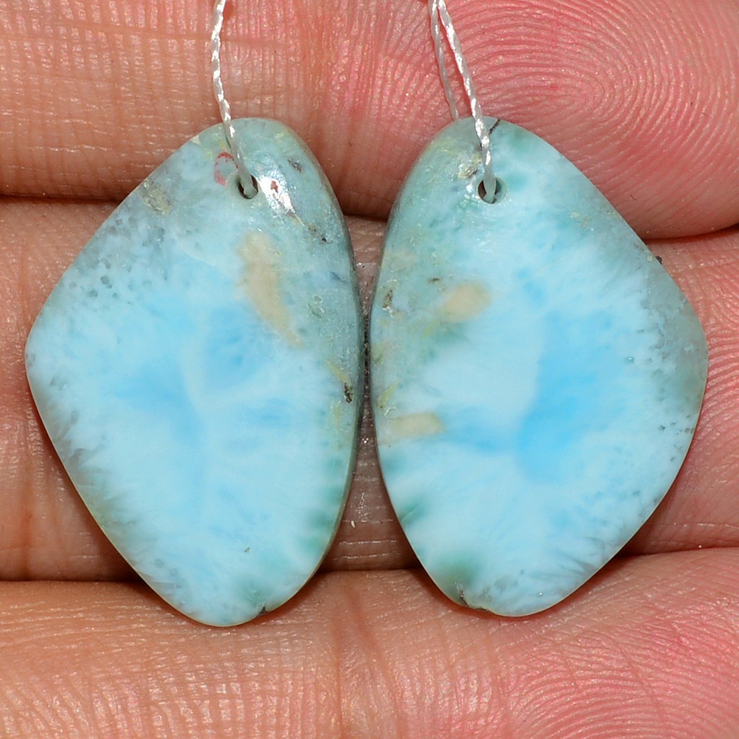24Cts Natural Larimar Pair Gemstone Cabochon Front Drill Earring20x13mm #P3252