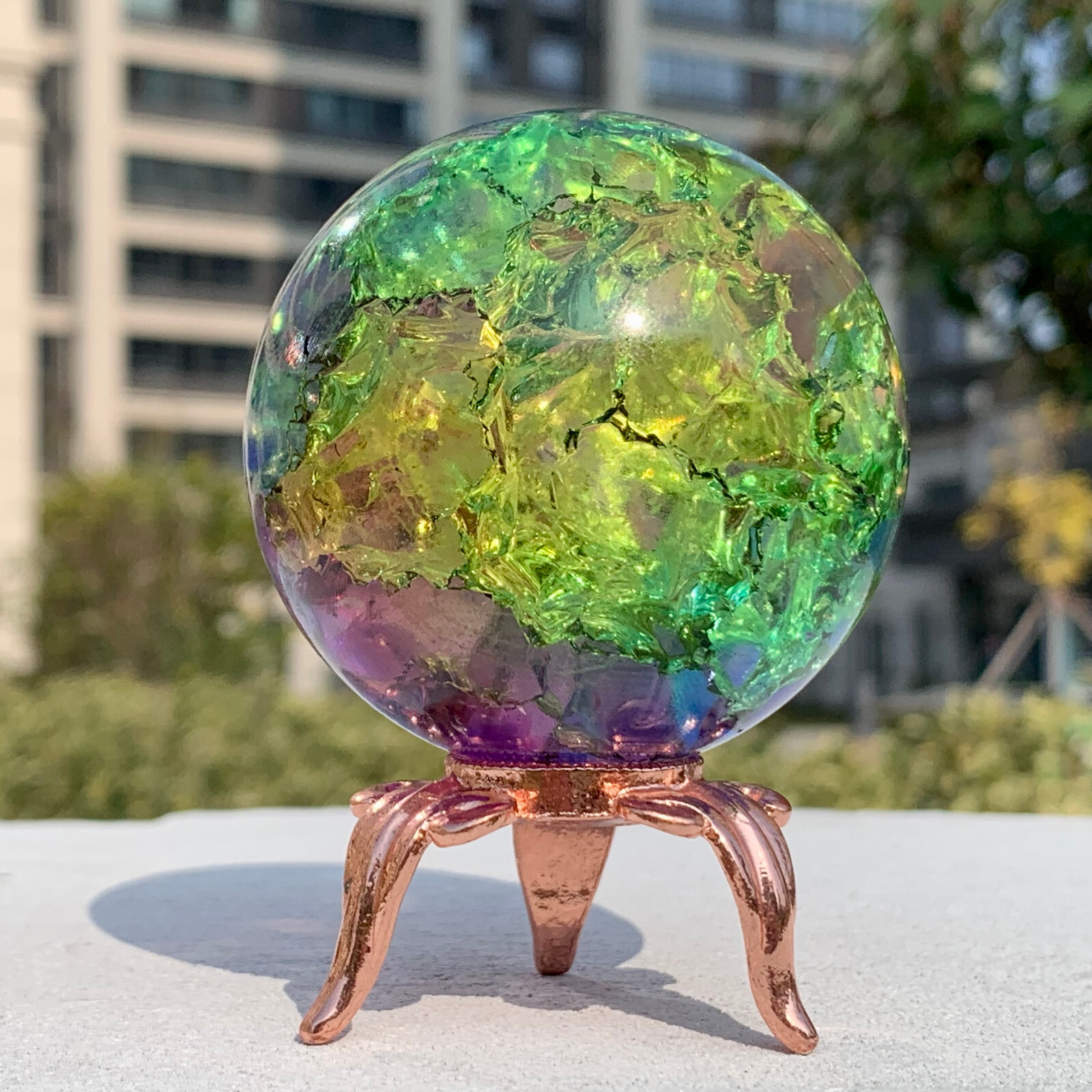 279G Natural Titanium Rainbow Quartz sphere Crystal ball Healing+stand