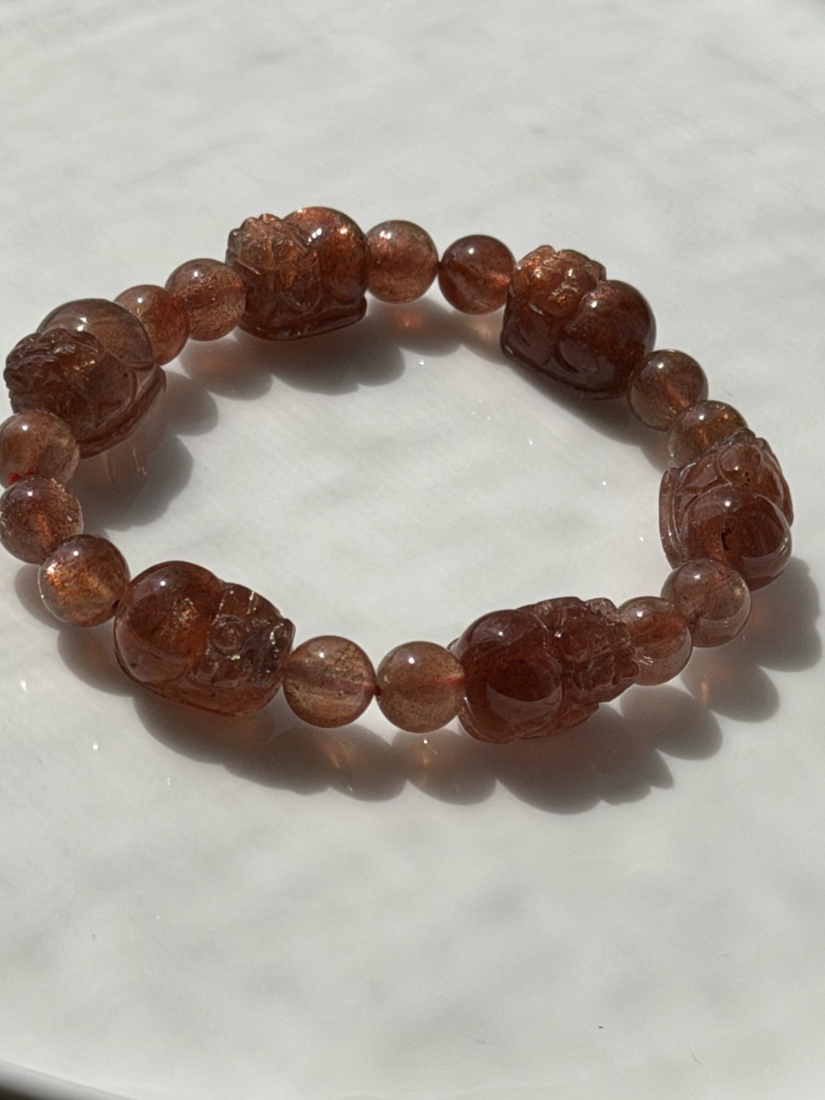 14mm Natural Pixiu Sunstone Flashy Crystal Bracelet Fits 7-7.5” Wrists
