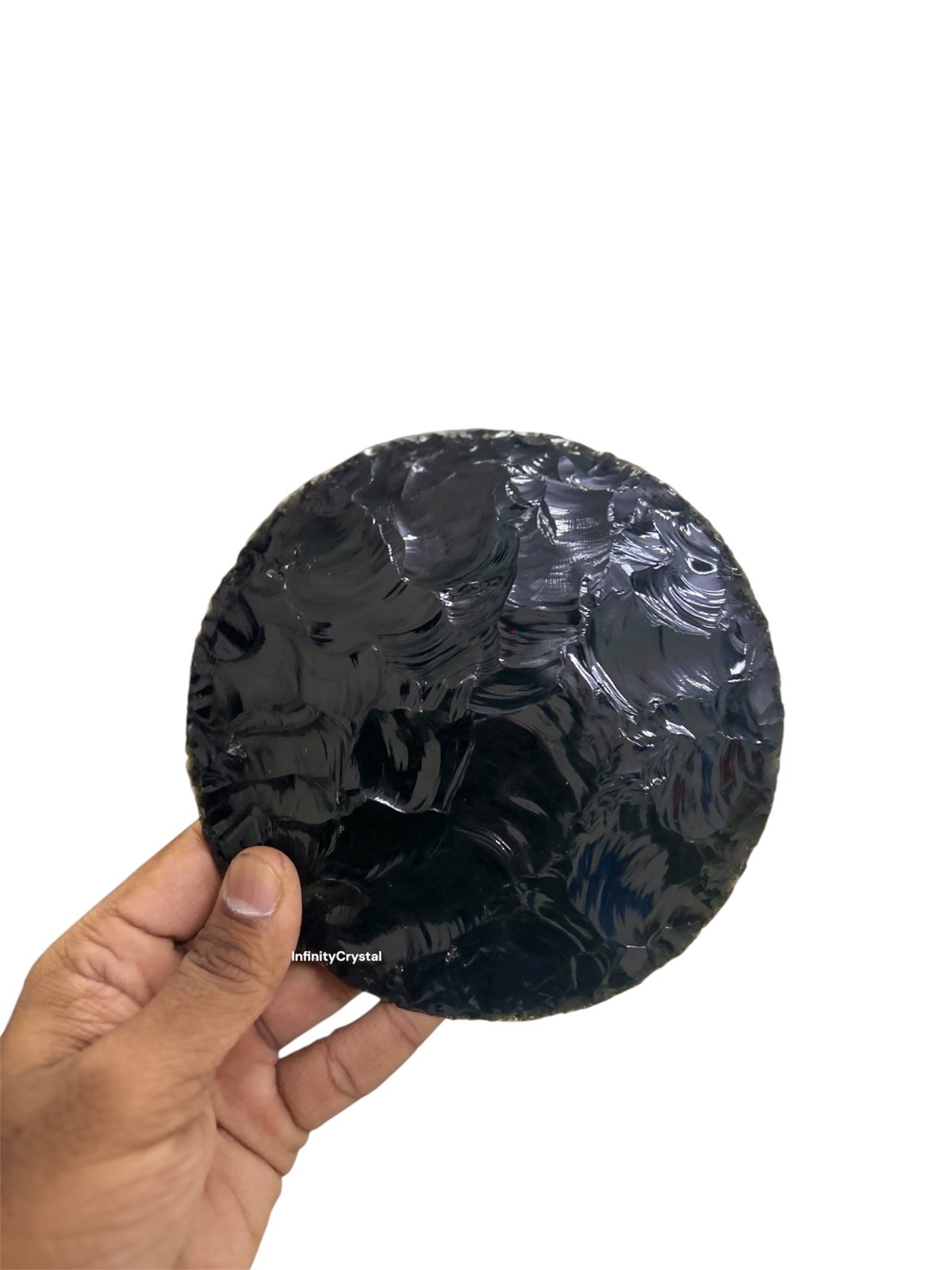 Black Obsidian Disc Round Sculpture Home Office Display Ornament, Display Stand