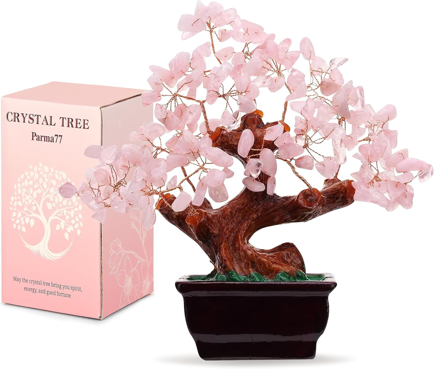 Feng Shui Natural Rose Pink Quartz Crystal Money Tree, Healing Crystal Trees Bon