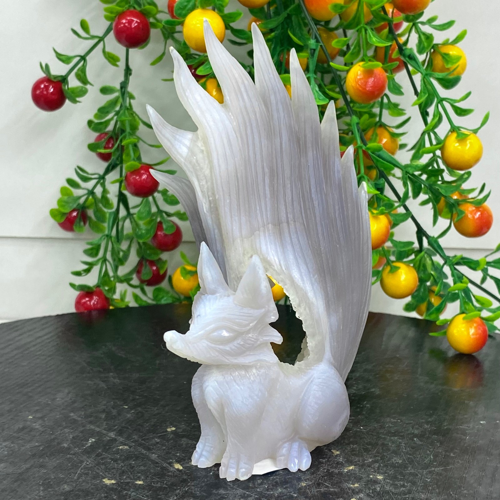 449G Natural Agate Geode Hand Carved Nine-tailed Fox Quartz Crystal Decor