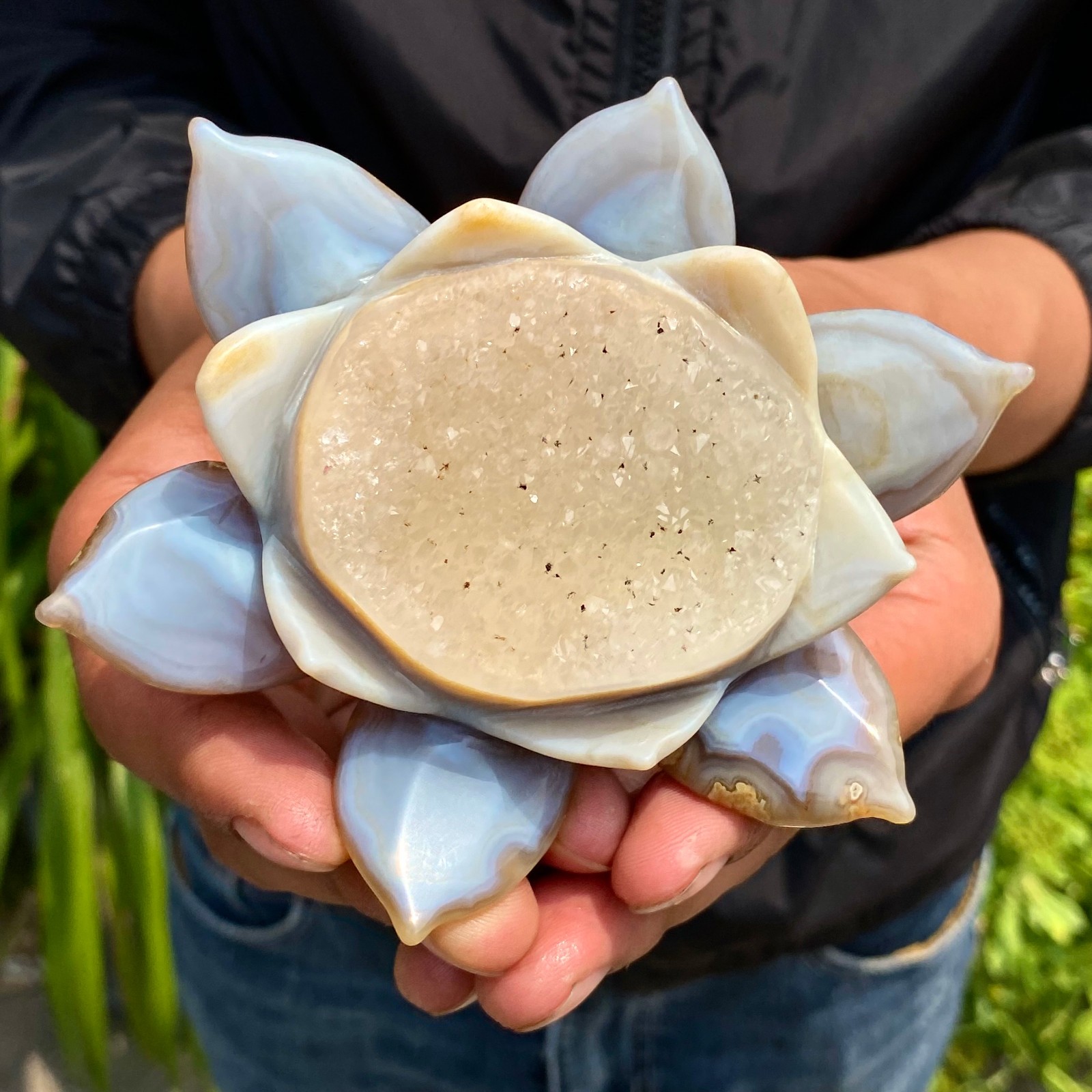 239G Natural Agate Geode Carved Lotus Flower, Hand Carved Healing Crystal Home