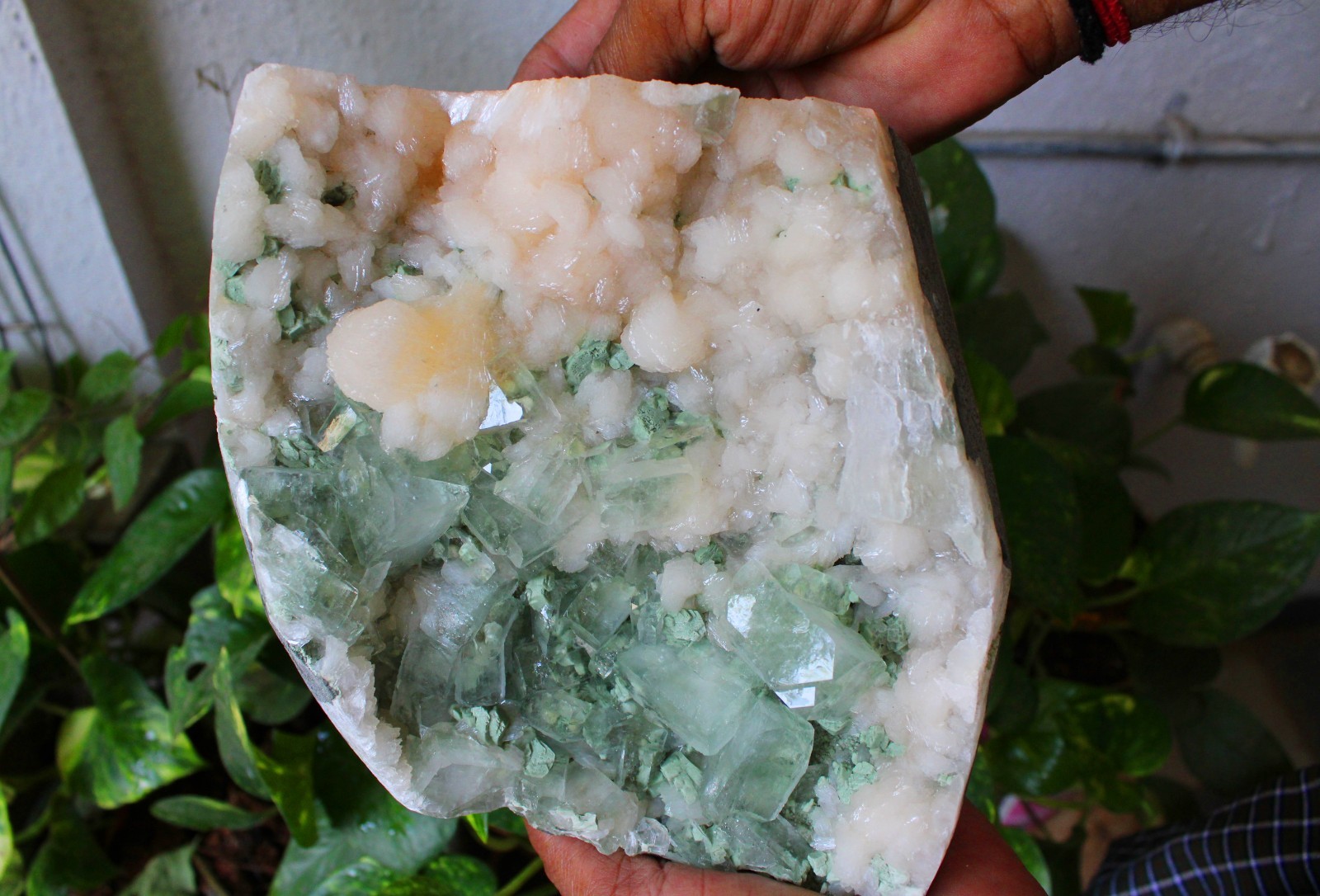 GREEN APOPHYLLITE CRYSTALS w/ STILBITE ON MATRIX MINERALS SPECIMEN INDIA #A47