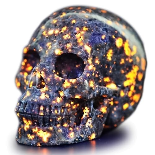Natural Yooperlite Stone Skull Sculpture 2″ UV-Reactive Quartz Halloween Decor,