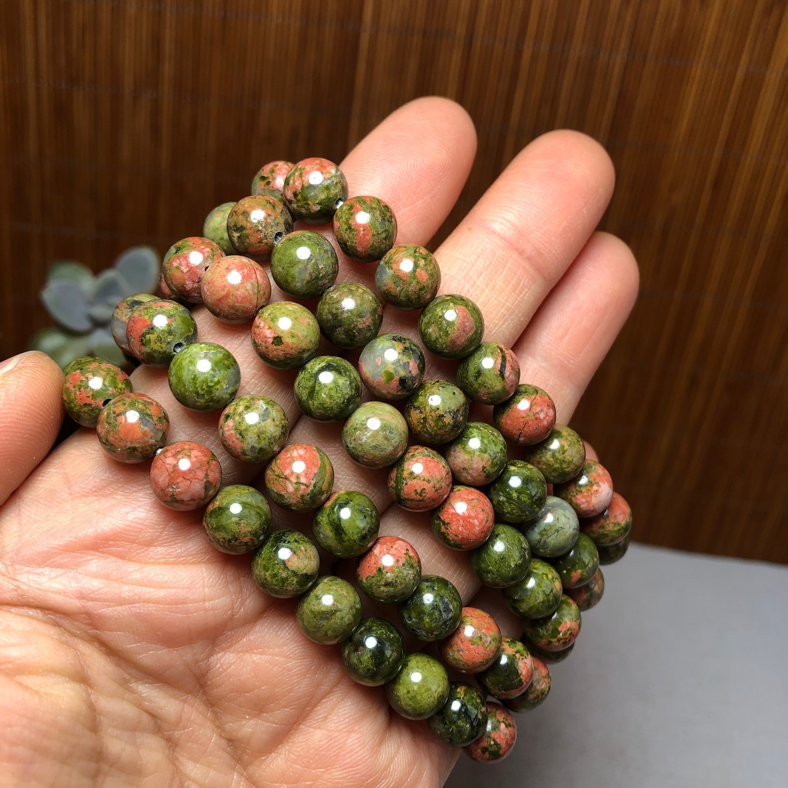 5Pcs Wholesal Natural Polish Unakite stone bracelets Crystal ball 8mm A3424