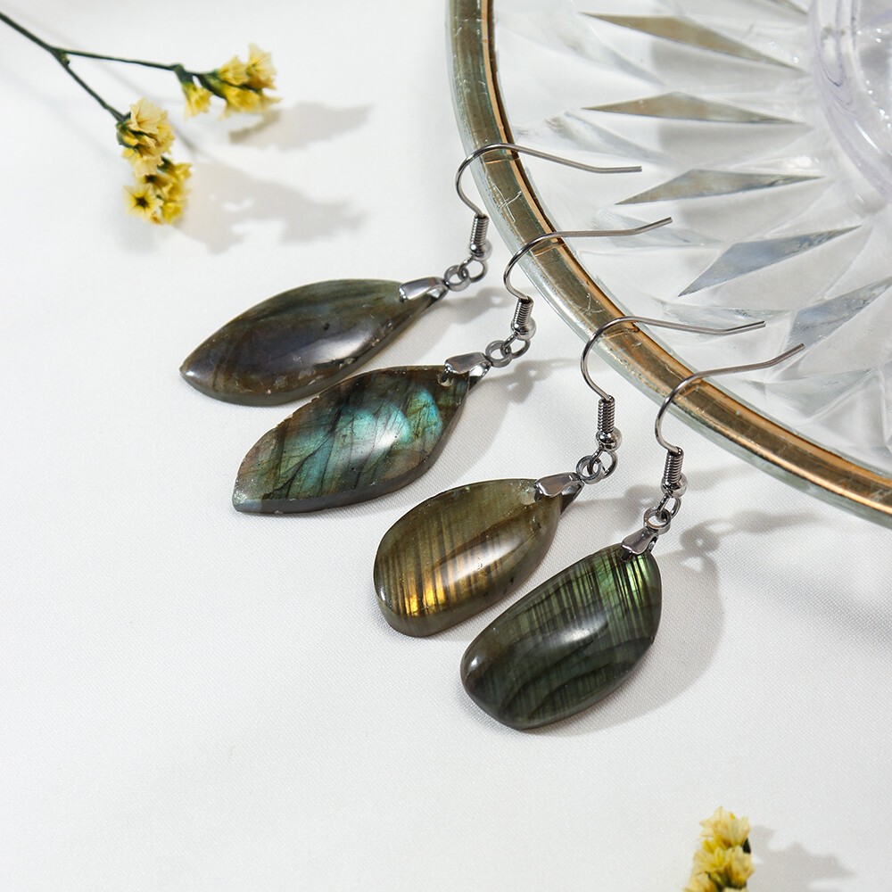 Natural Drop Labradorite Dangle Hook Earrings Crystal Quartz Healing Jewelry