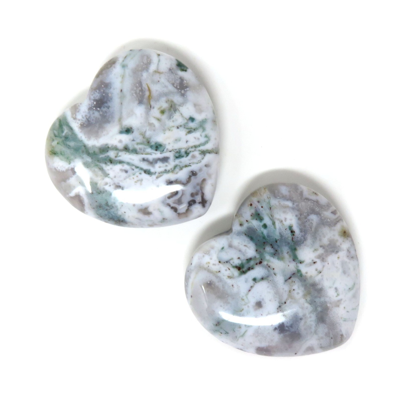 Set of 2 Moss Agate Stone Hearts (#808) – 35mm or 1.37″ – Decorative Matching