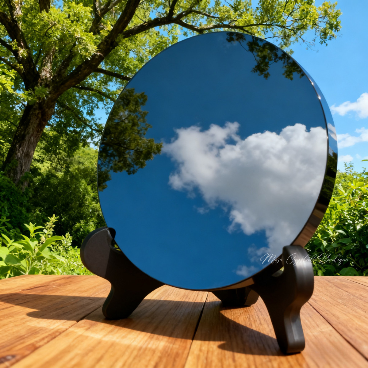 Obsidian Scrying Mirror Black Crystal Plate with Stand Home Decor Healing Gift
