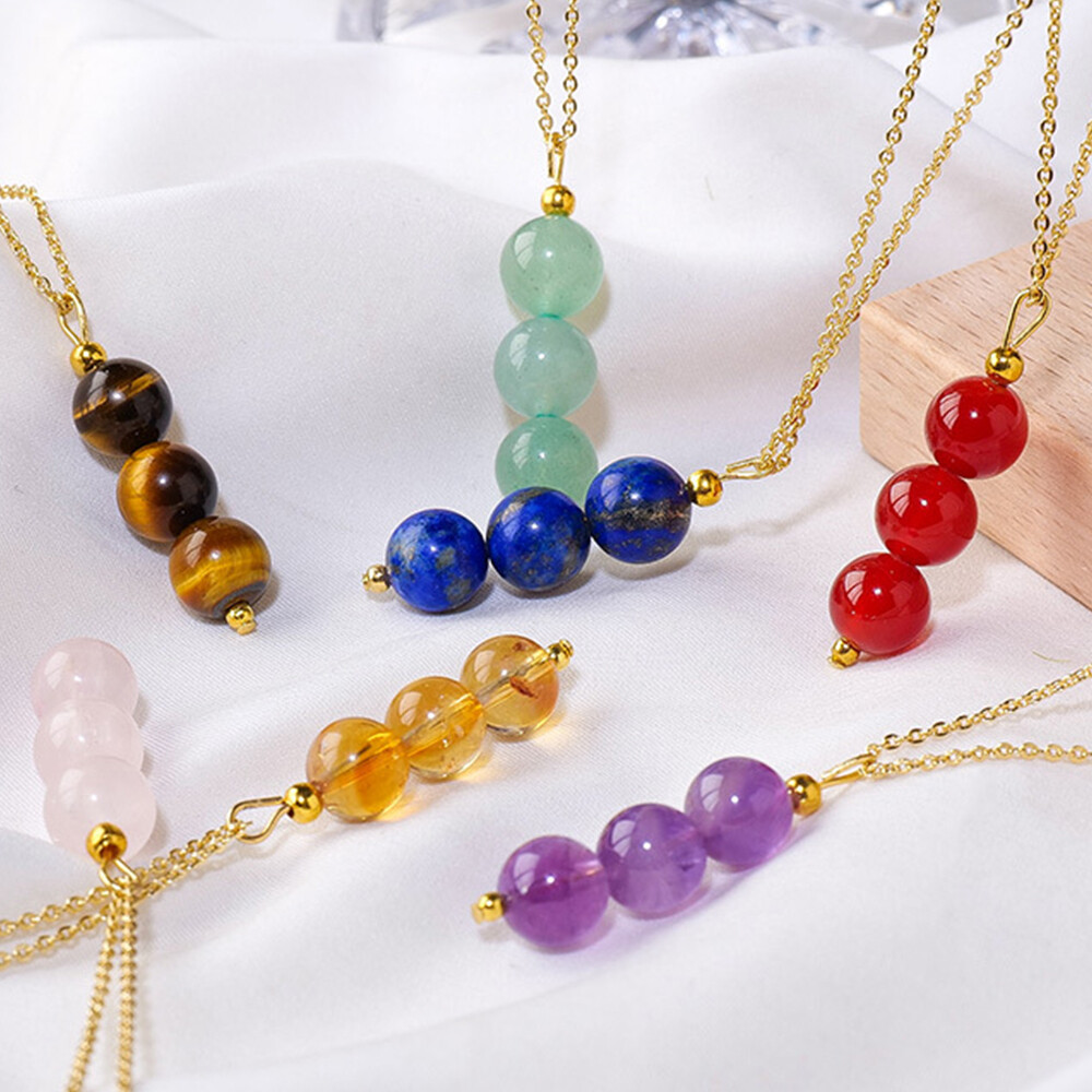 3 Round Beads Natural Crystal Necklace Stone Quartz Pendant Chain Gift Box Reiki