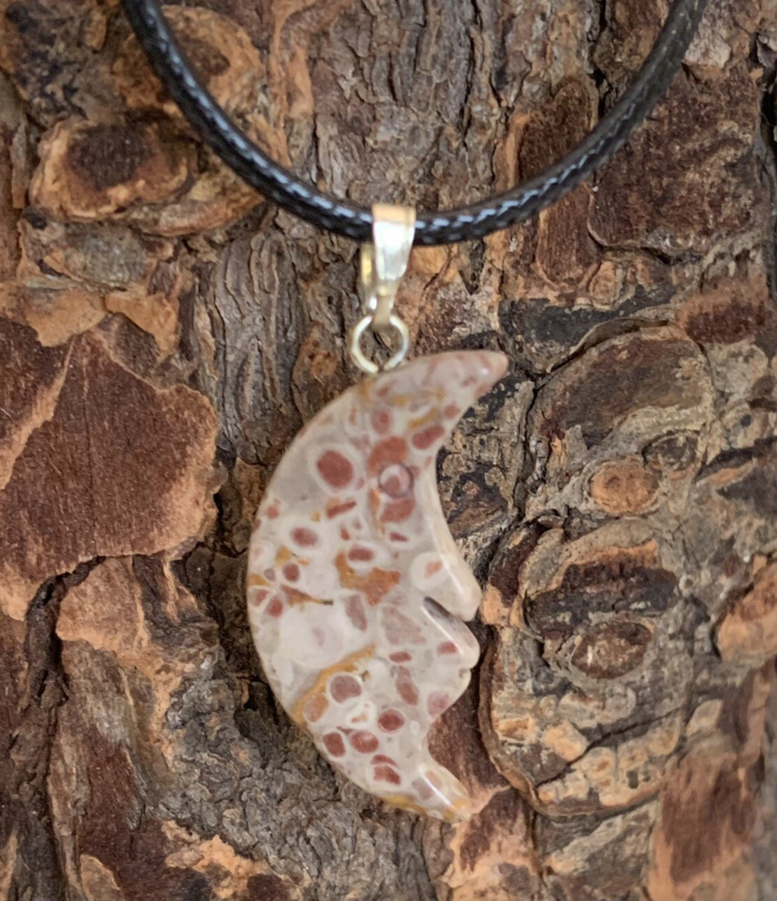 Fossil Stone Crescent Man in Moon Face Pendant Necklace Polished Half Moon 20″