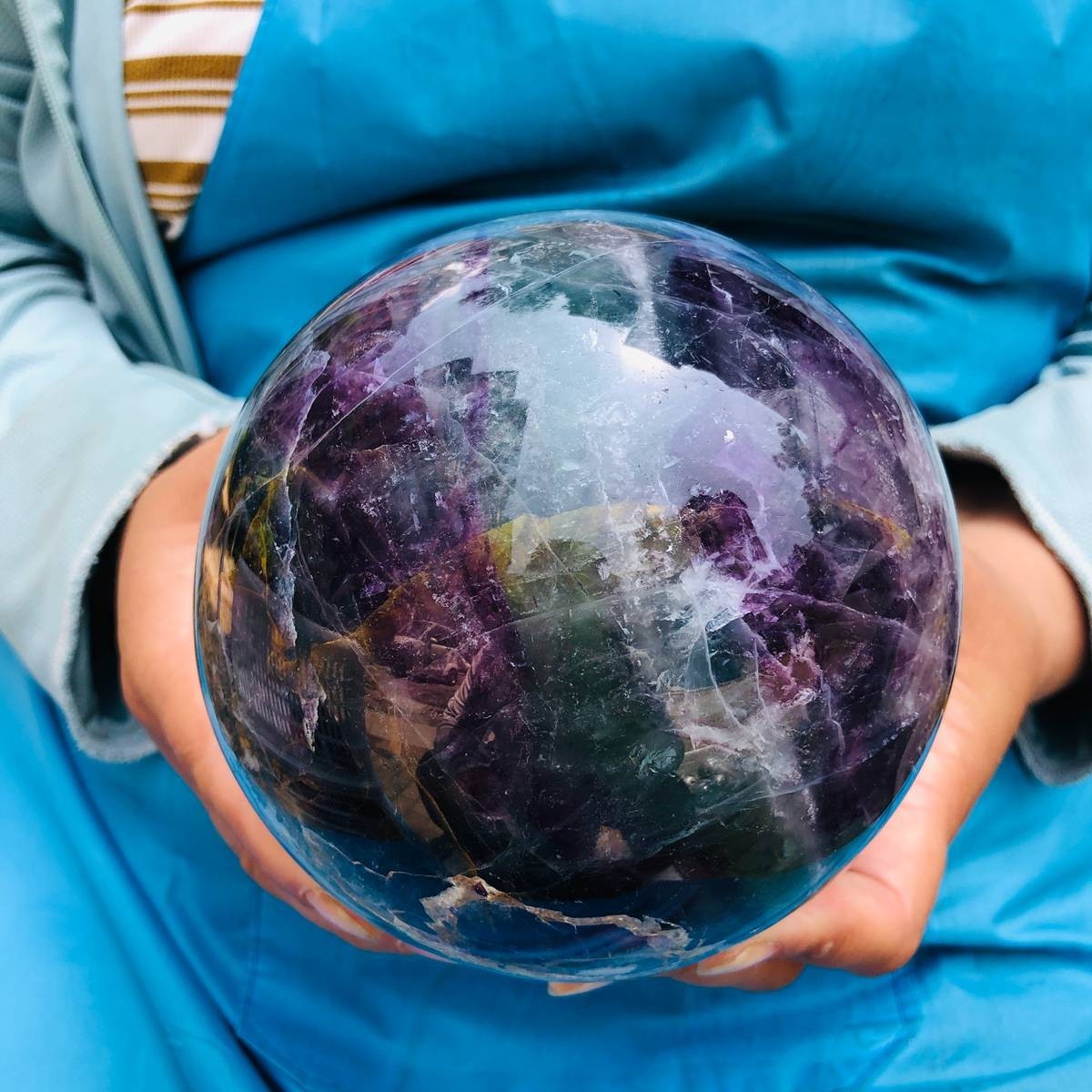 5.98LB Natural Rainbow Fluorite Sphere Reiki Healing Meditation Crystal Ball