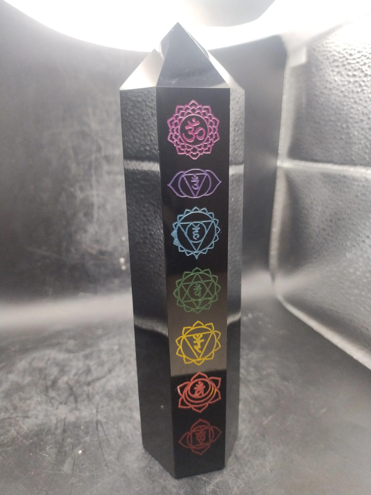 Large 7 chakra black obsidian tower! 7 inches tall, 1.2 pounds!