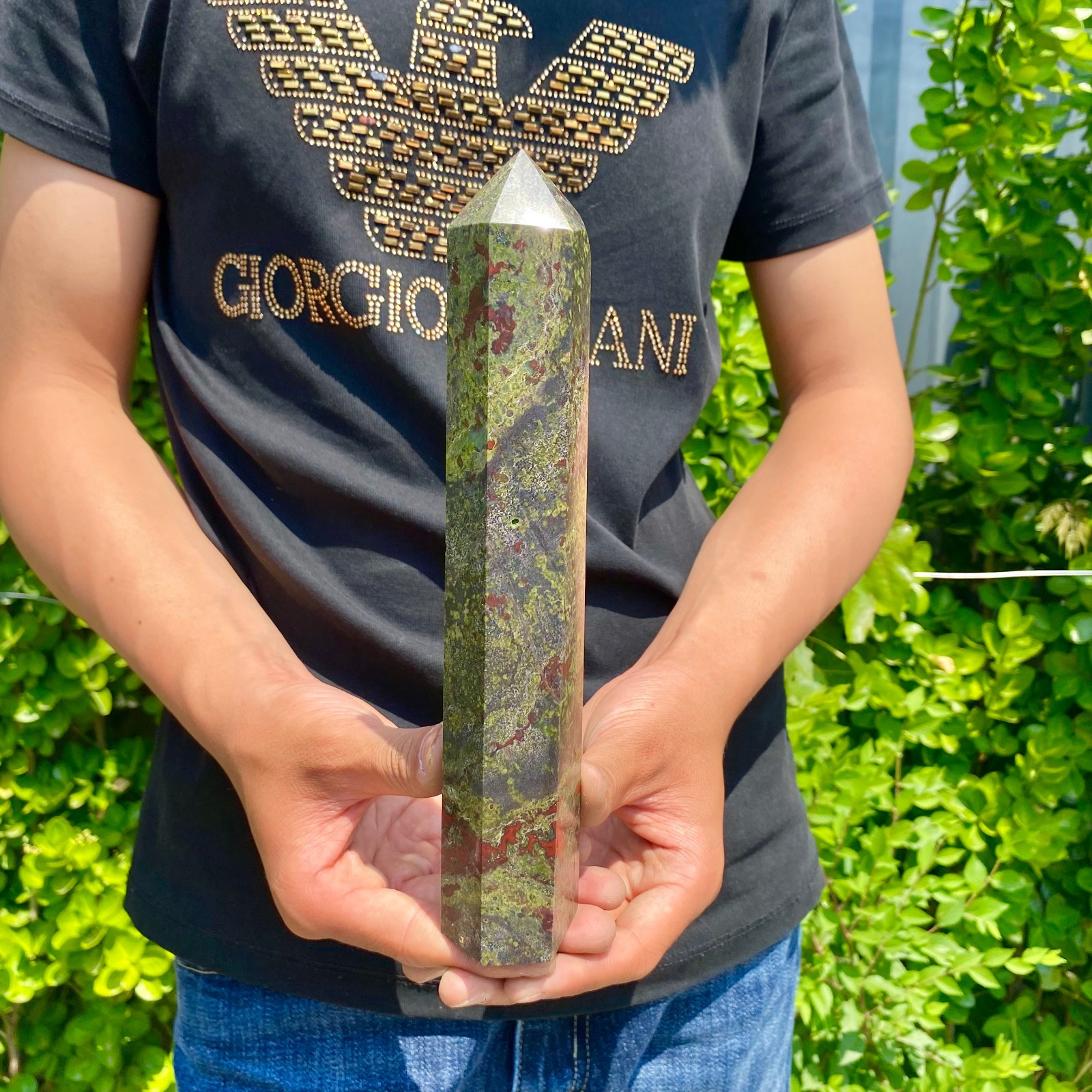 1.82LB Natural dragon’s blood stone obelisk quartz crystal column restoration