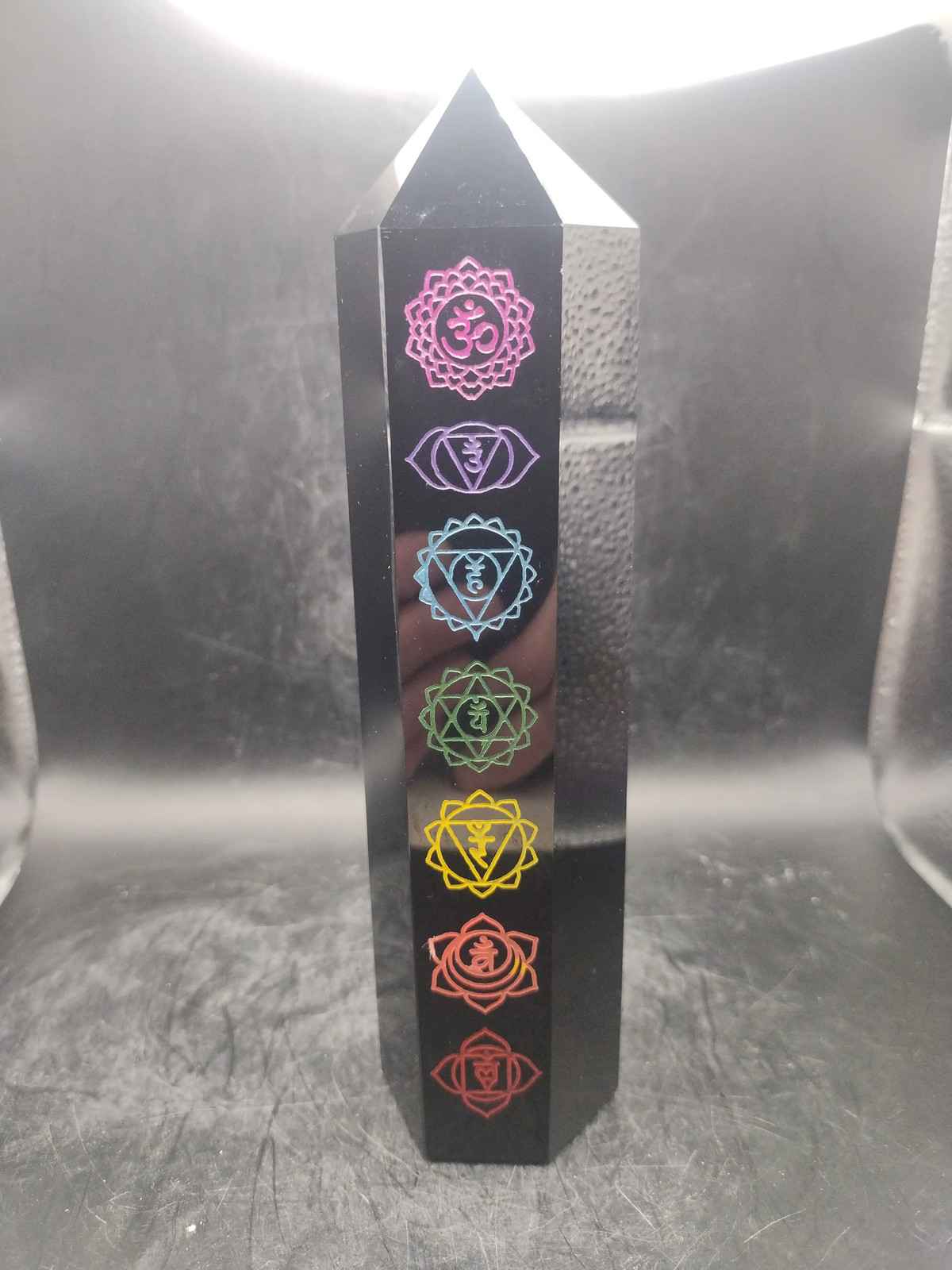 Large 7 chakra black obsidian tower! 7 inches tall, 1.2 pounds!