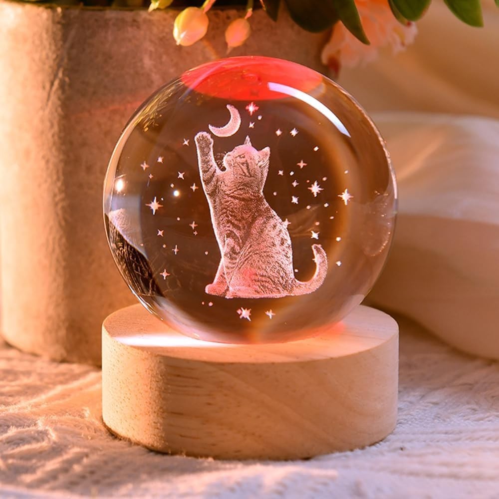Cat Gifts for Women 3D Crystal Ball Lamp 60mm Glass Decorative With Moon