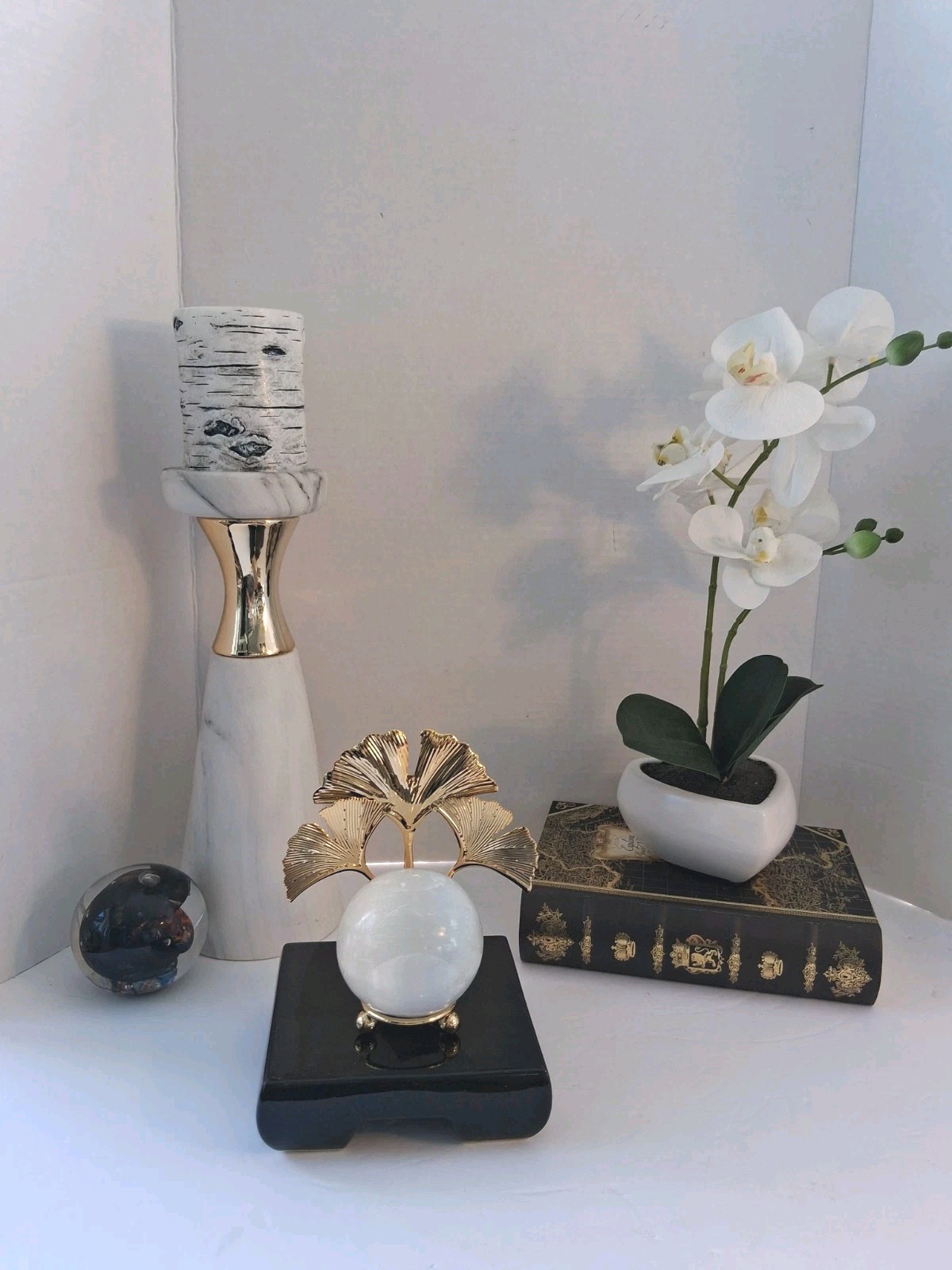 Butterfly Ginko Leaf Gold Tone Sphere Holder; w/ Solid White Quartz Sphere; New!