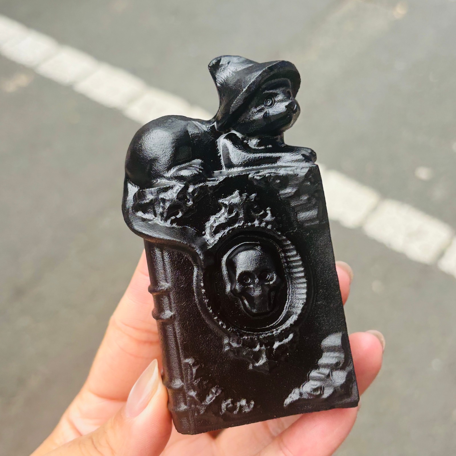 2.8″Natural BlackObsidian Witch Cat Book Skull StatueCrystalSkull Reiki Gift 1pc