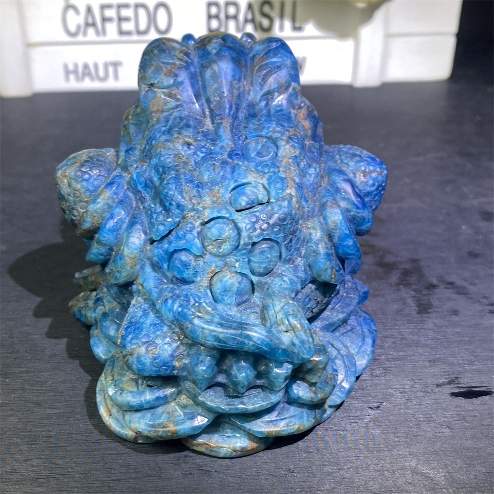 2.2LB 4″Natural A+Blue Apatite Golden Toad Statue Crystal Reiki Carving Decor