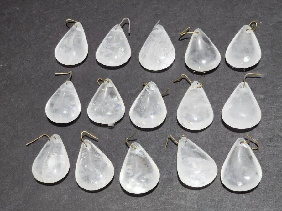 15 PIECE LOT QUARTZ ROCK CRYSTAL PRISMS DROPS, PEAR SHAPE CHANDELIER DROPS