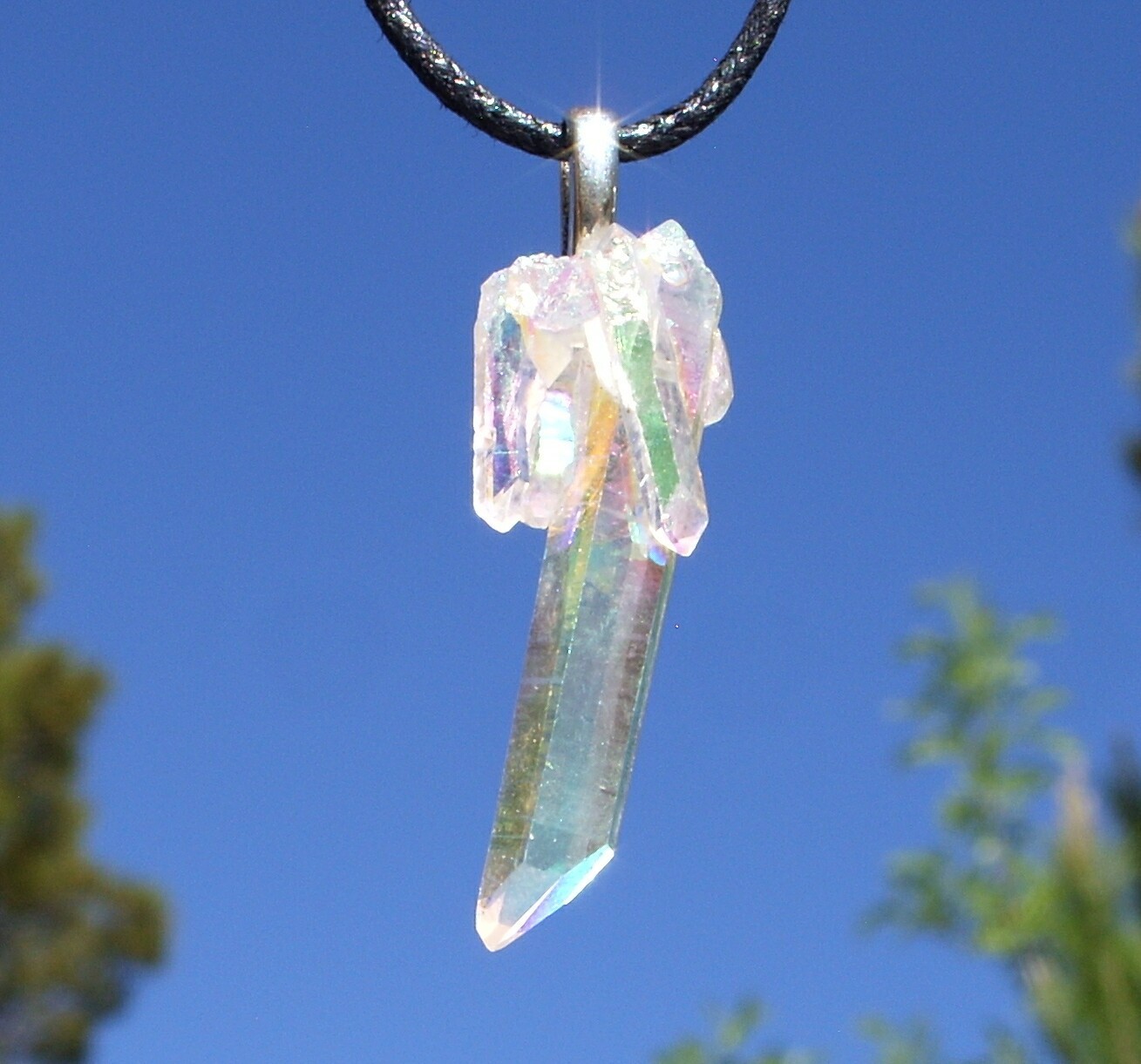 Angel Aura Quartz Twinned Point Crystal Cluster Stone Pendant Necklace