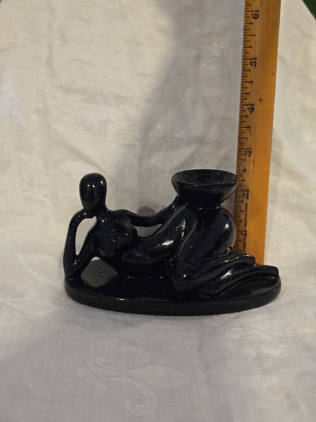 Art Deco Female Fluid Form Crystal Ball Sphere Holder Black Sparkle Carved Resin