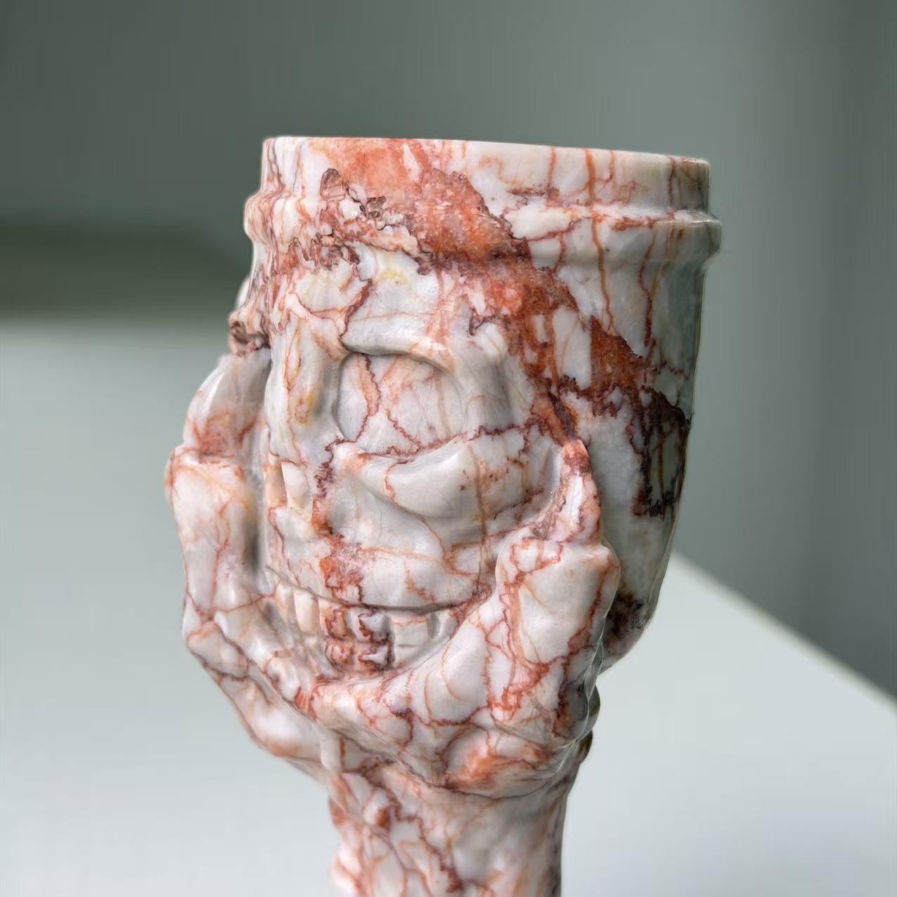 430g Natural Red Network Jasper Dragon Claw Skull Candle Holder Table Decor