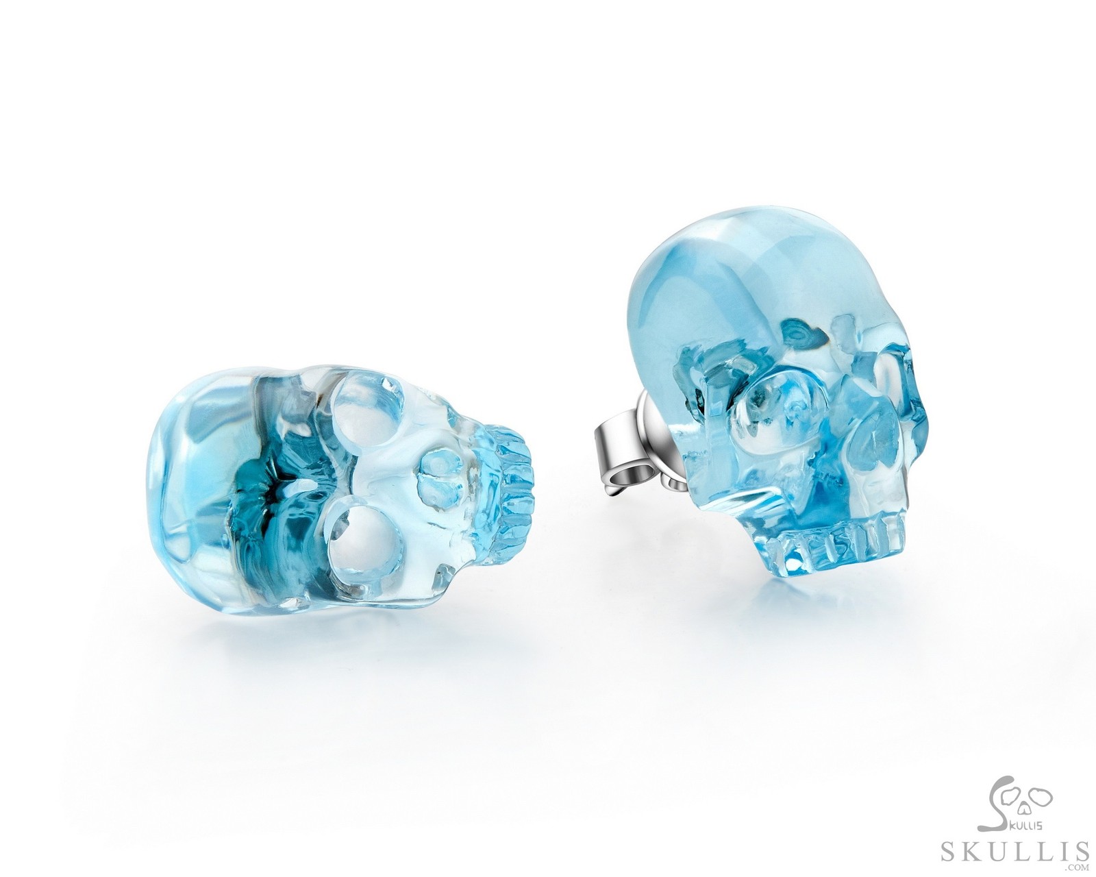 Sky Blue Topaz Hand Carved Crystal Skull Earring, Skull Jewelry