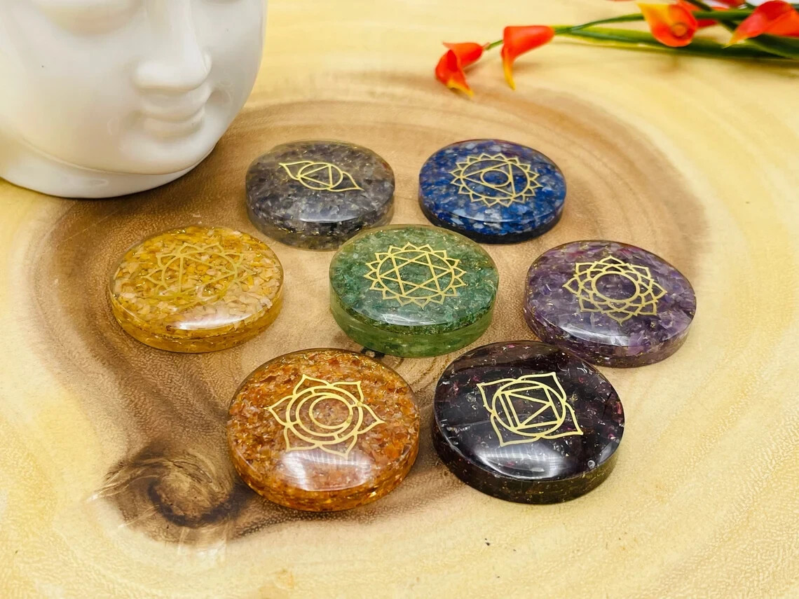 7 Chakra Round Orgone Smooth Stone Set With Engraved Chakra Symbols, 1.5 Inch