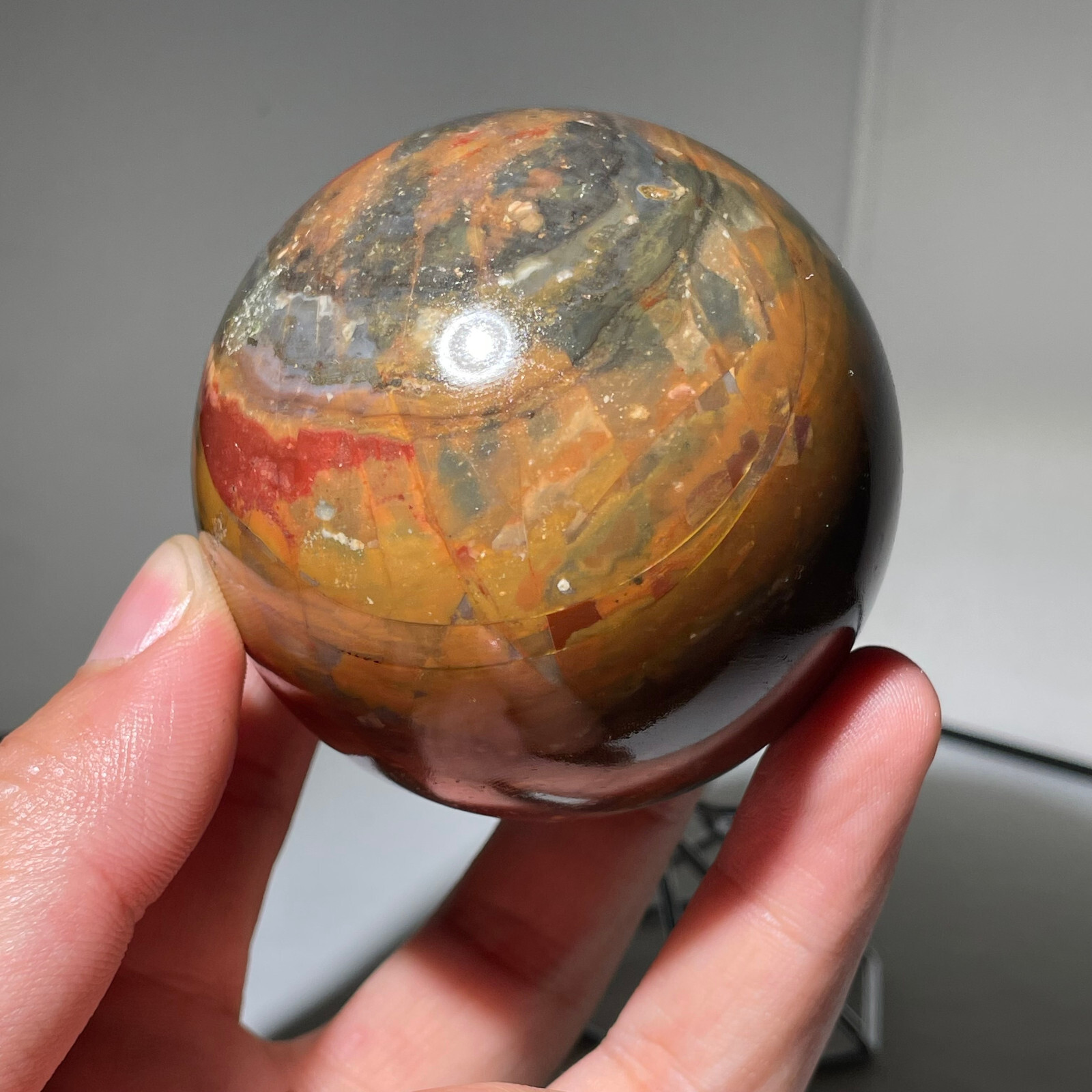 Rare 449g Polished Orbicular Ocean crystal Jasper Sphere Reiki Healing + Stand