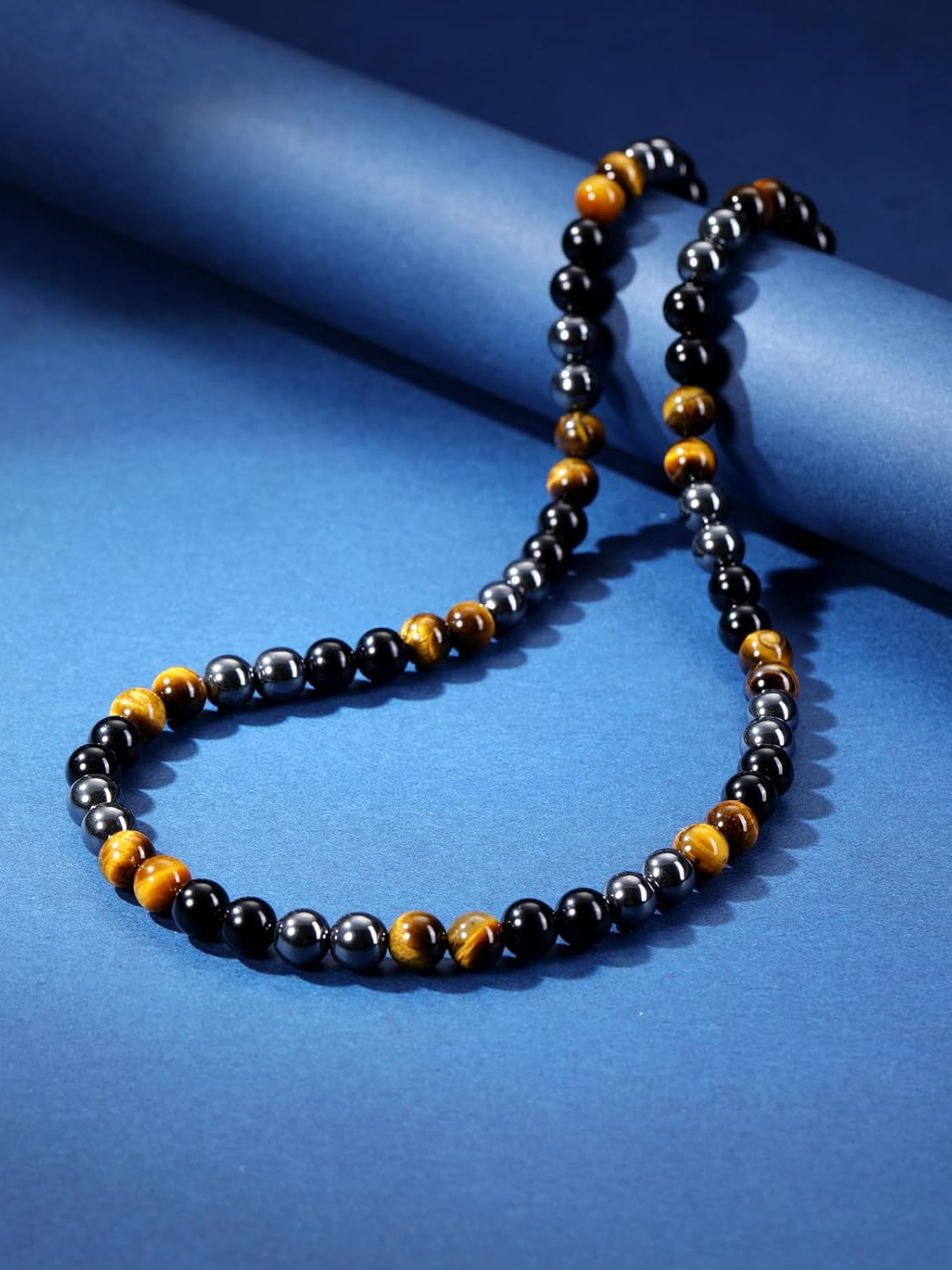 Mens Healing Crystal Black Obsidian Tigers Eye Hematite Beaded Necklace Natural