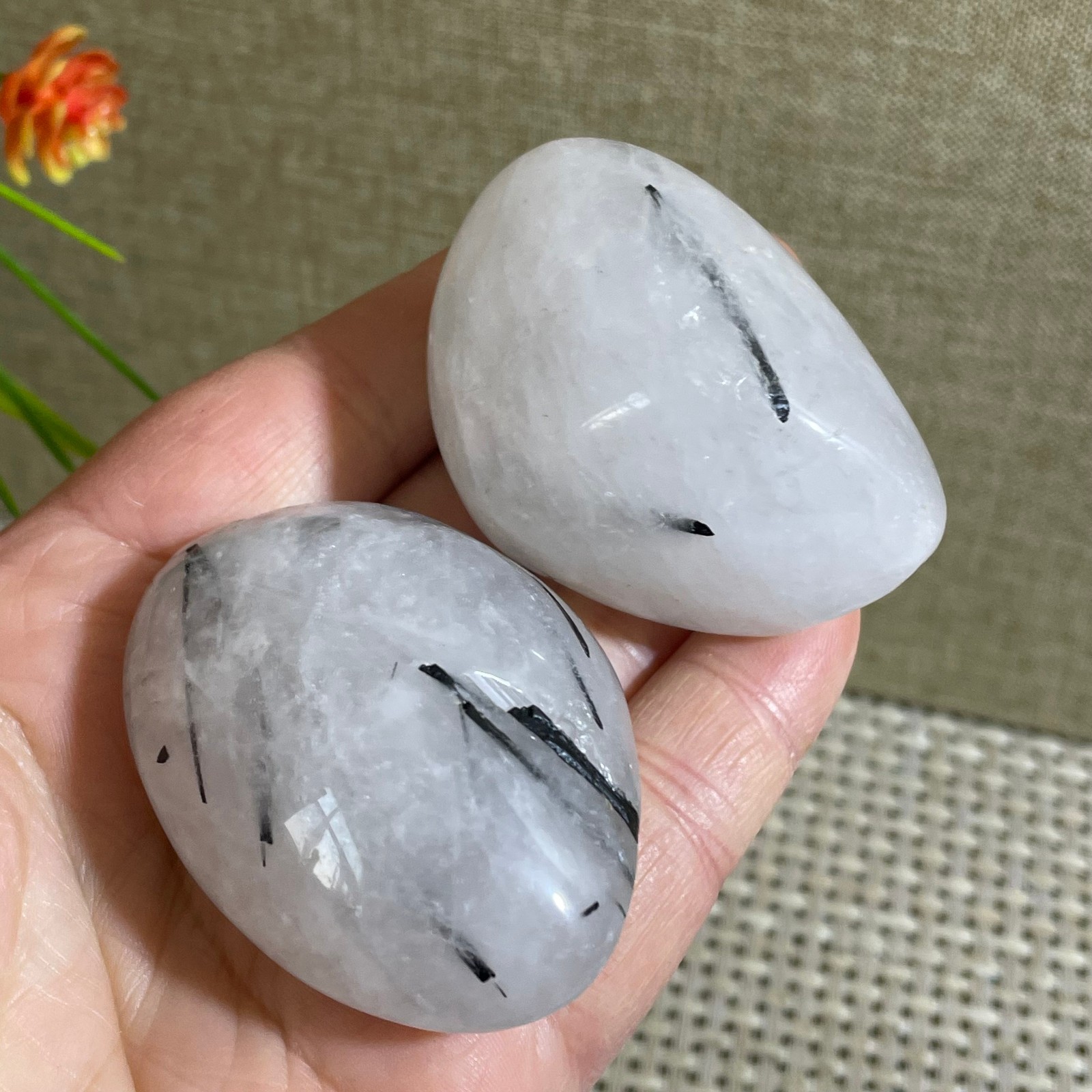 2pcs 146g Transparent quartz with black tourmaline and palm stone
