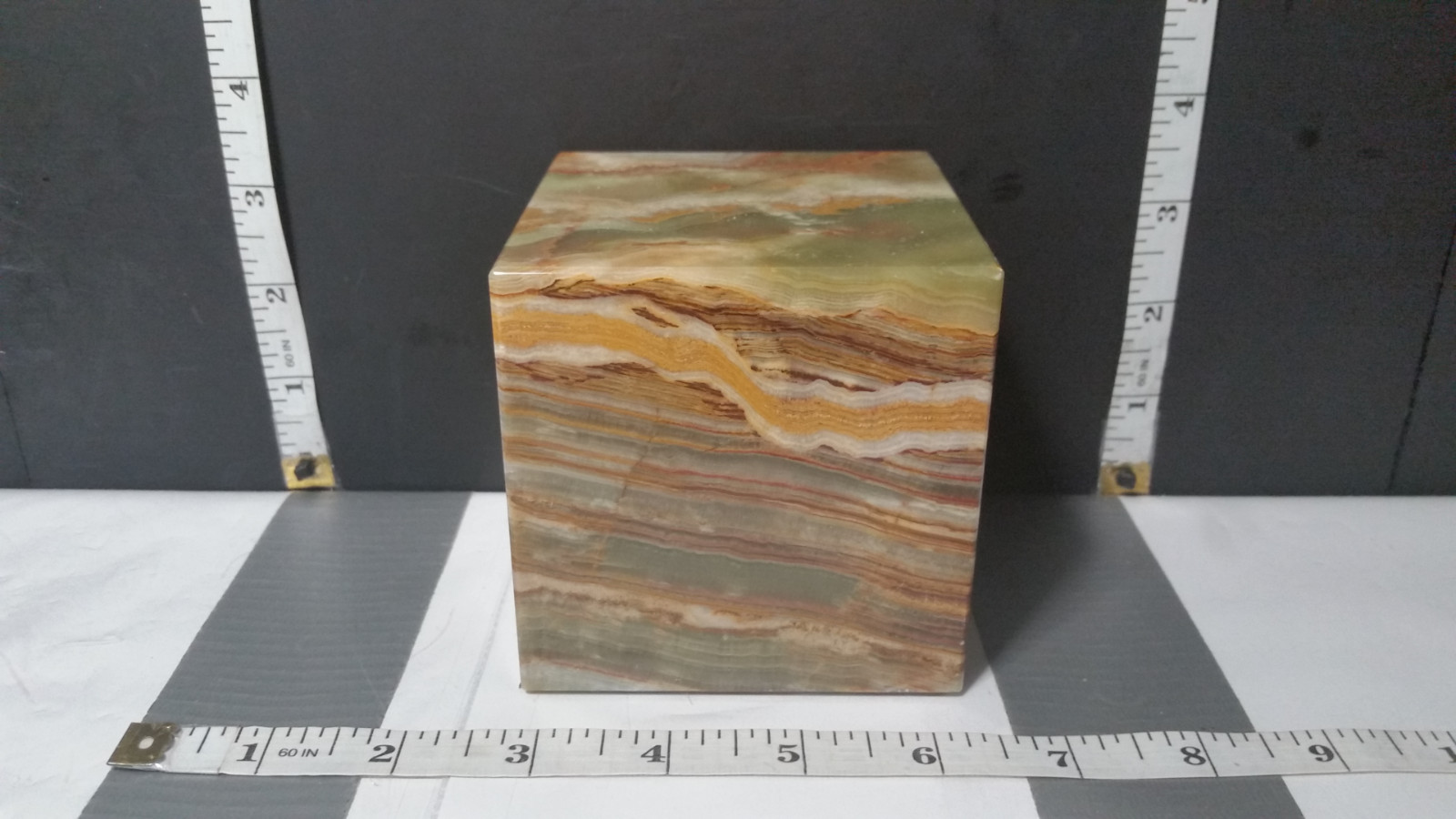 Polished Onyx – Cube, 3.5×3.5×3.5 Brown Gold Green Banded Vintage Made in Italy
