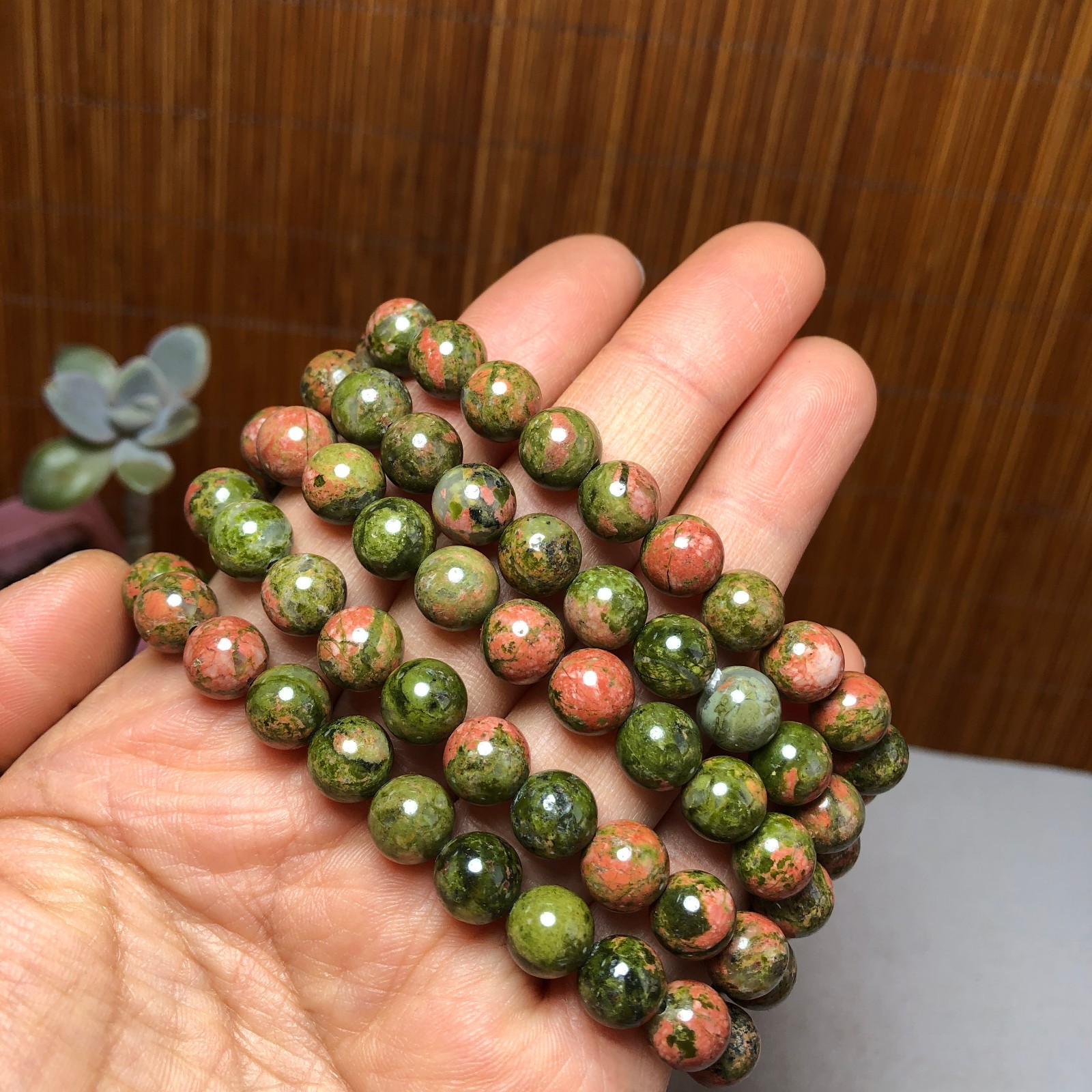 5Pcs Wholesal Natural Polish Unakite stone bracelets Crystal ball 8mm A3424