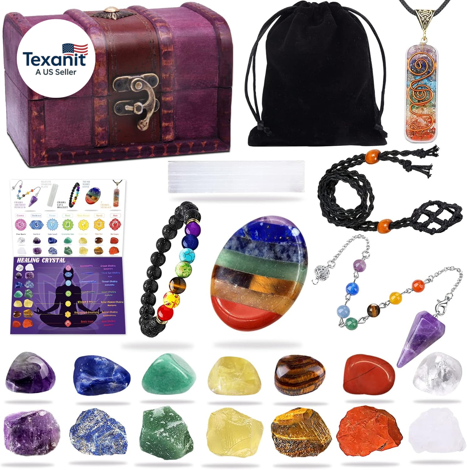 22Pcs Healing Crystals Set, Chakra Quartz Kits in Wooden Box (7 Raw and 7 Tumble