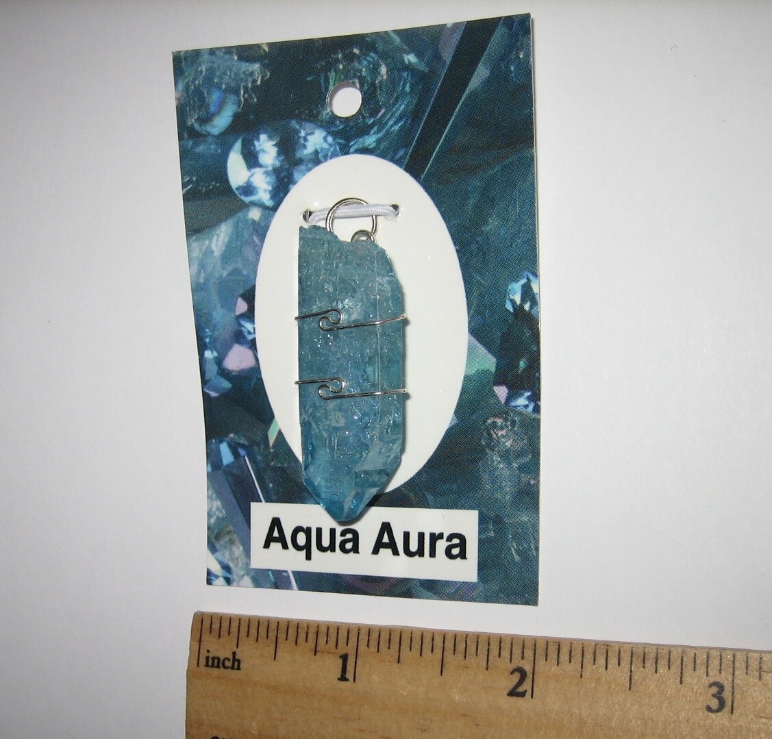 1.5″ RARE STERLING SILVER AQUA AURA QUARTZ (TREATED) CRYSTAL WIRE WRAP PENDANT 1