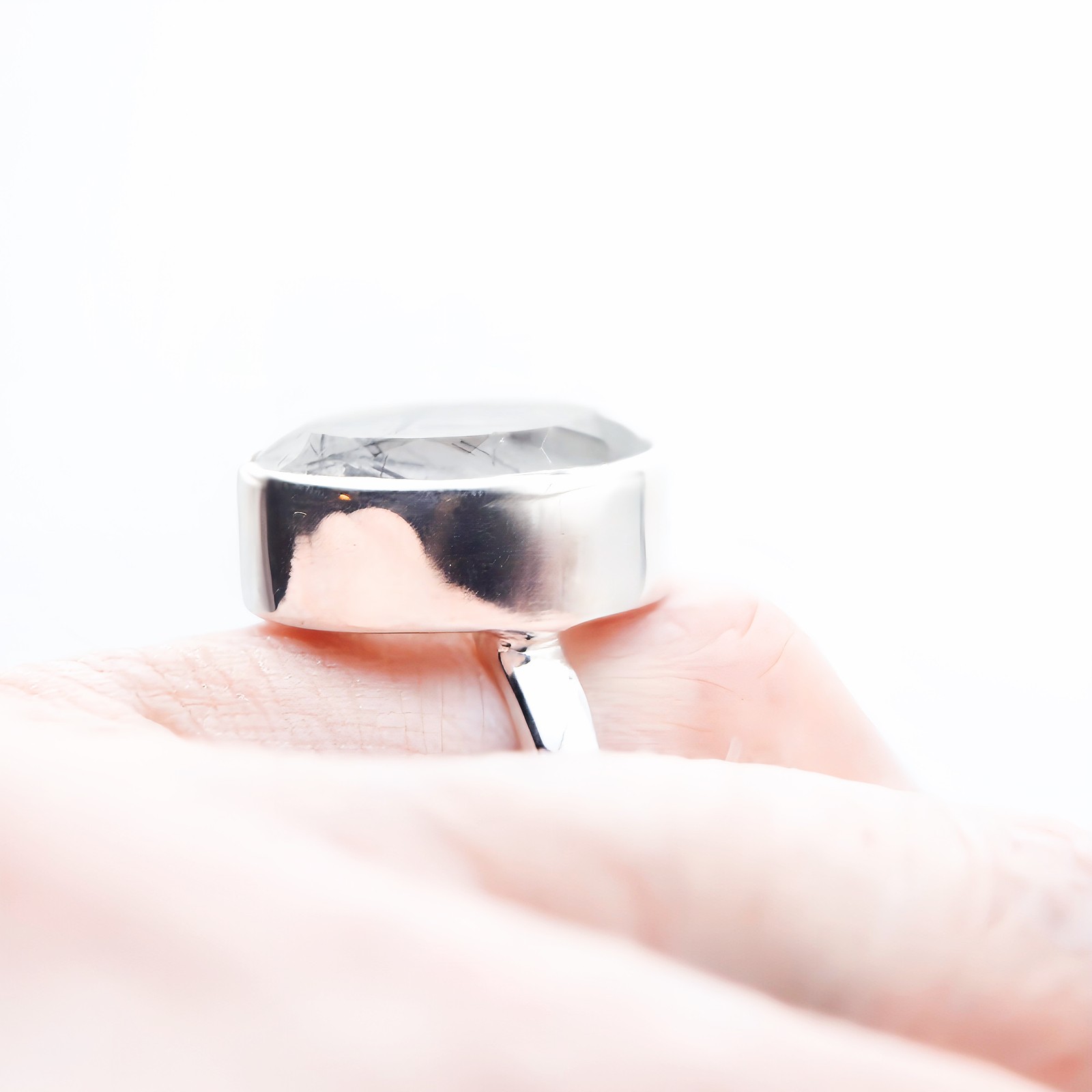 Black Tourmaline Quartz Sterling Silver Ring Natural Crystal UK Size P US Size 8