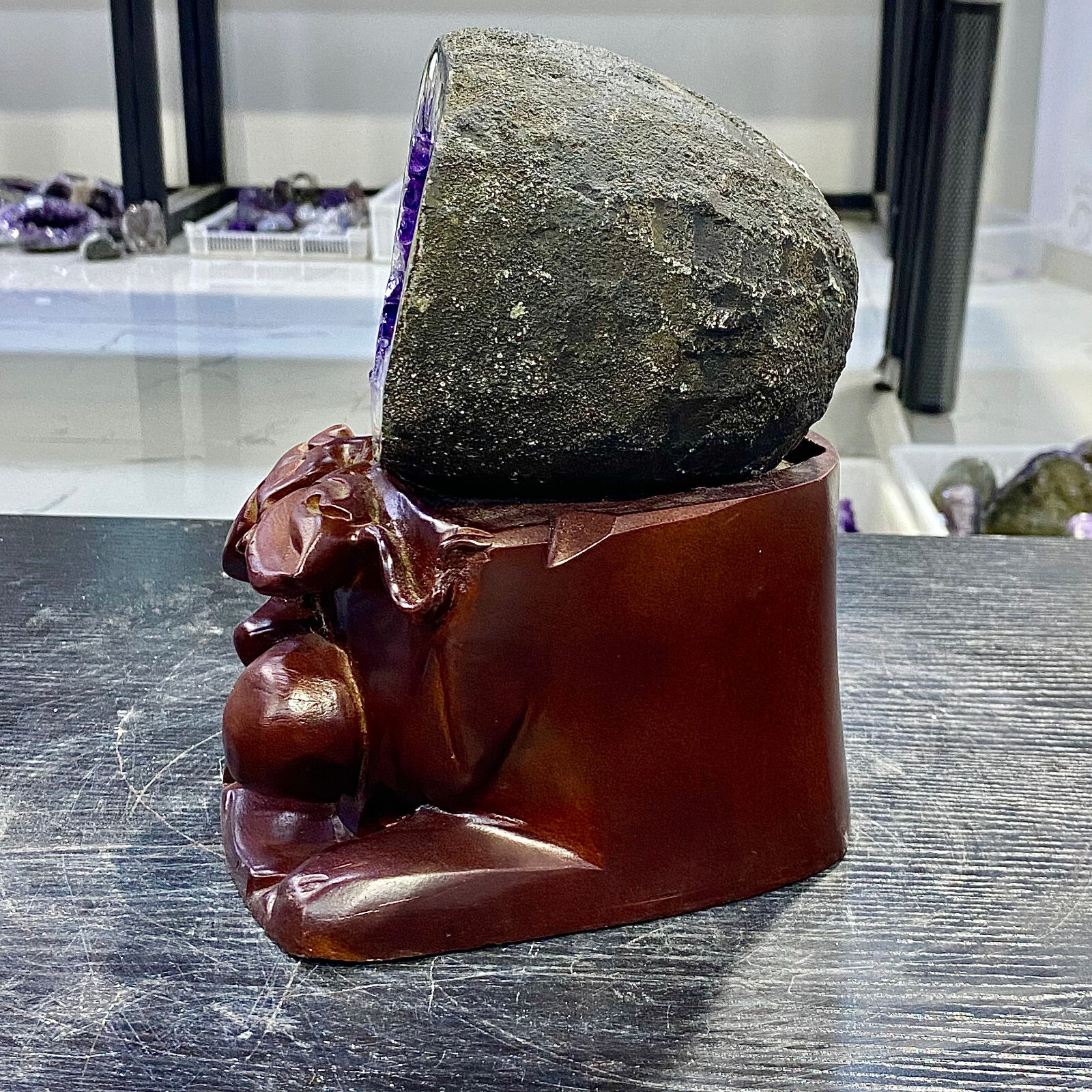6.09LB Uruguay Natural Amethyst Money Bag Cave Decoration+Bracket