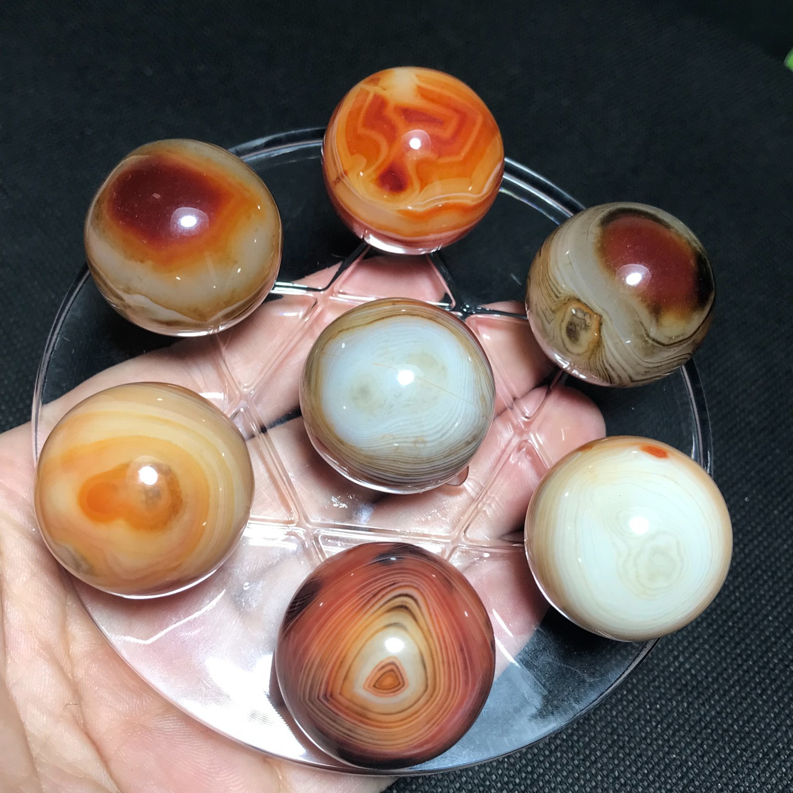 191g 7pcs 26mm Polished Silk Banded Lace Agate Ball Madagascar+base 477