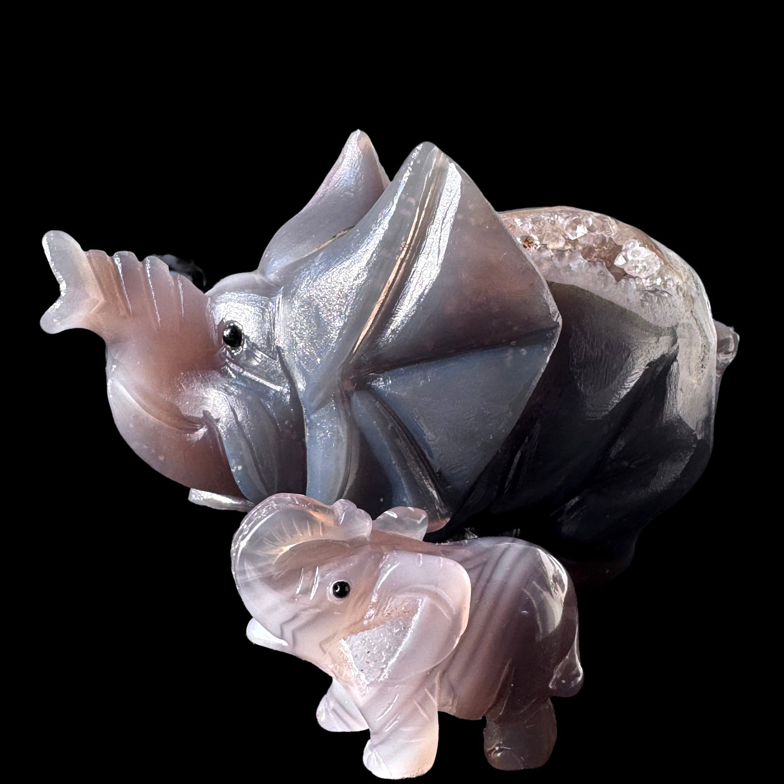 Agate Geode Elephant Sculpture – Carved from a Natural Cave of Stone & Crystal