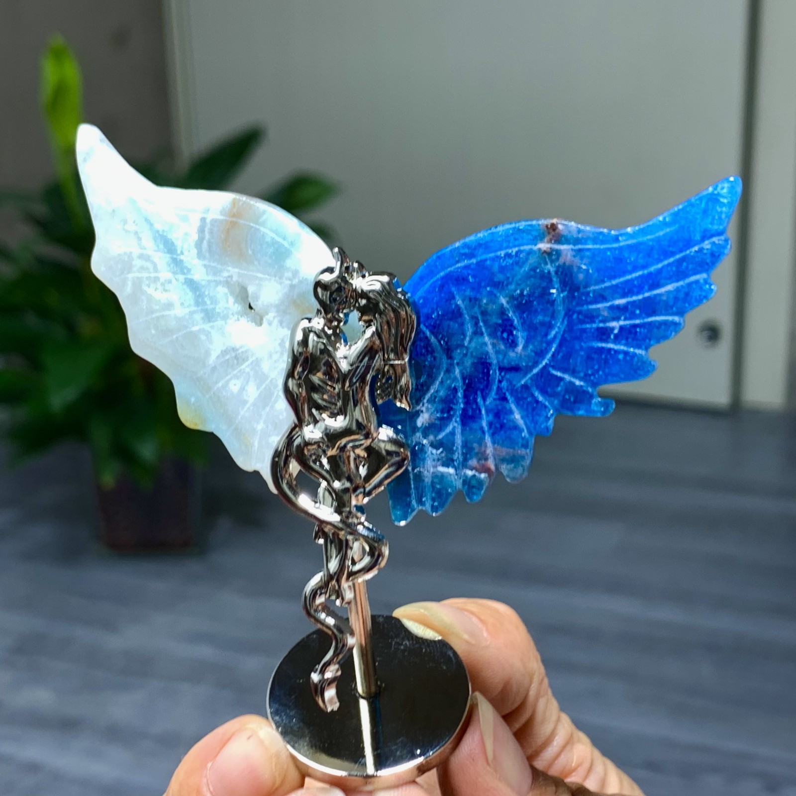 45G Natural hemimorphite and blue apatite hand carved devil angel wing specimen